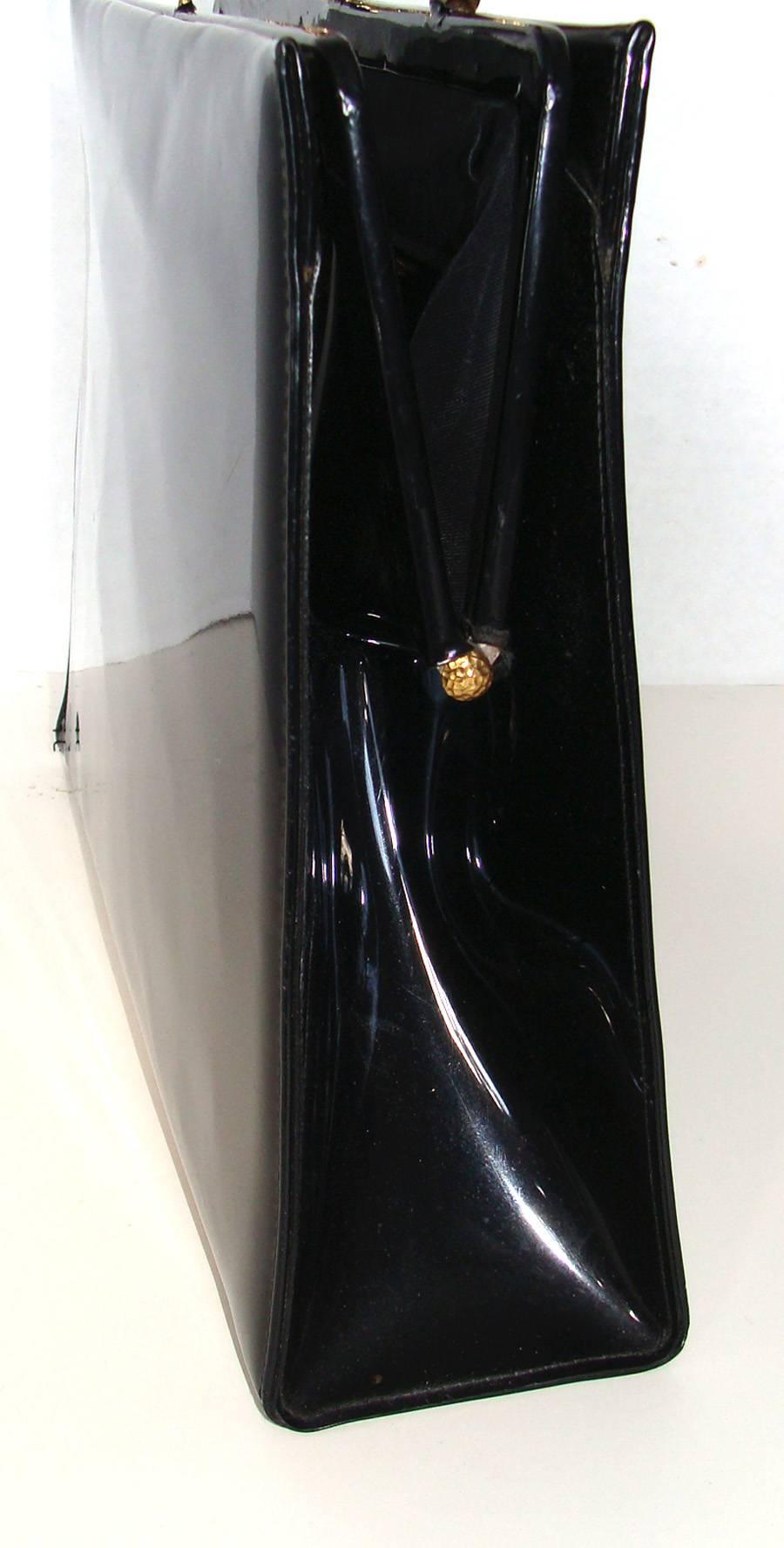 Black Spring!  Large Patent Kelly Style Bag with Lucite Handle