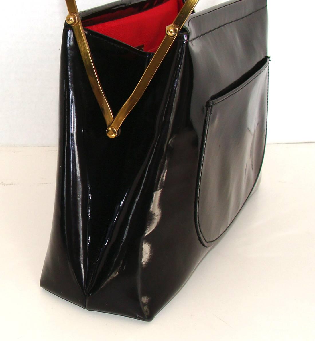 Spring!  Black Patent Leather Kelly Style bag.  Rare form. For Sale 1
