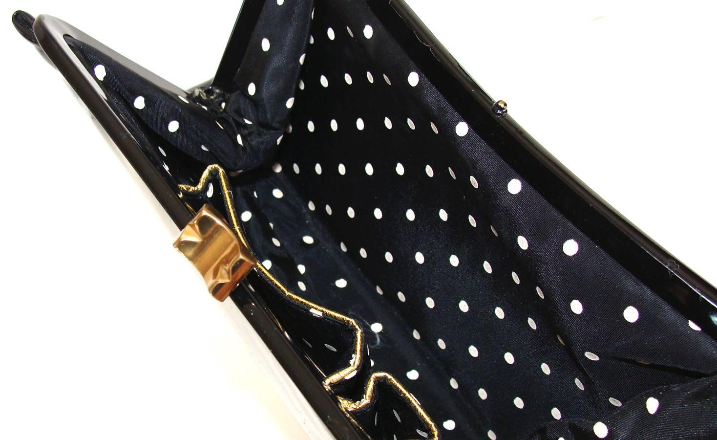 Spring!   Black Patent Clutch with Polka Dots Lining 2