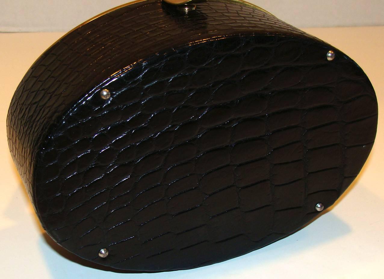 Black Rare Alligator Oval Box Purse with Mirror