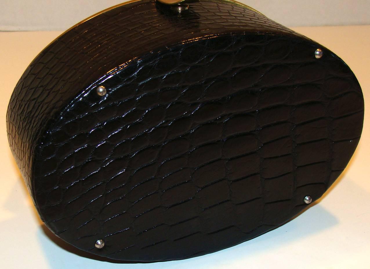 Black Rare Alligator Oval Box Purse with Mirror 