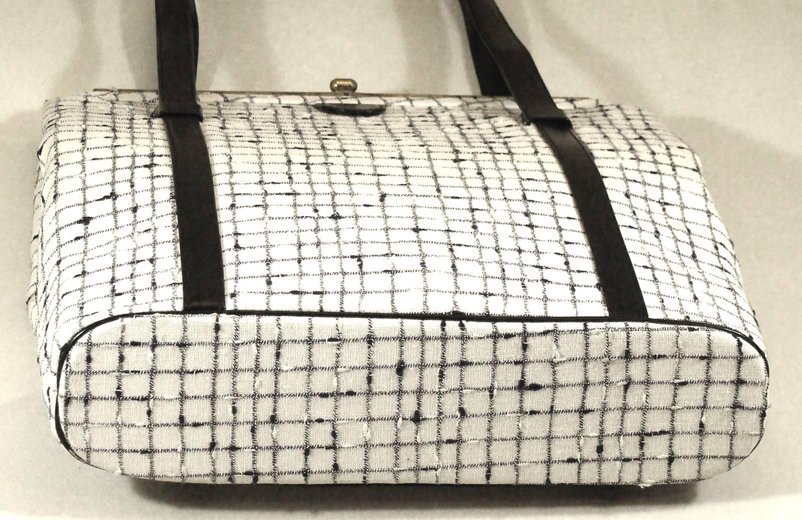 Women's or Men's Unusual Navy and Ivory White Plaid Bag with Double Handles.  SPRING! For Sale