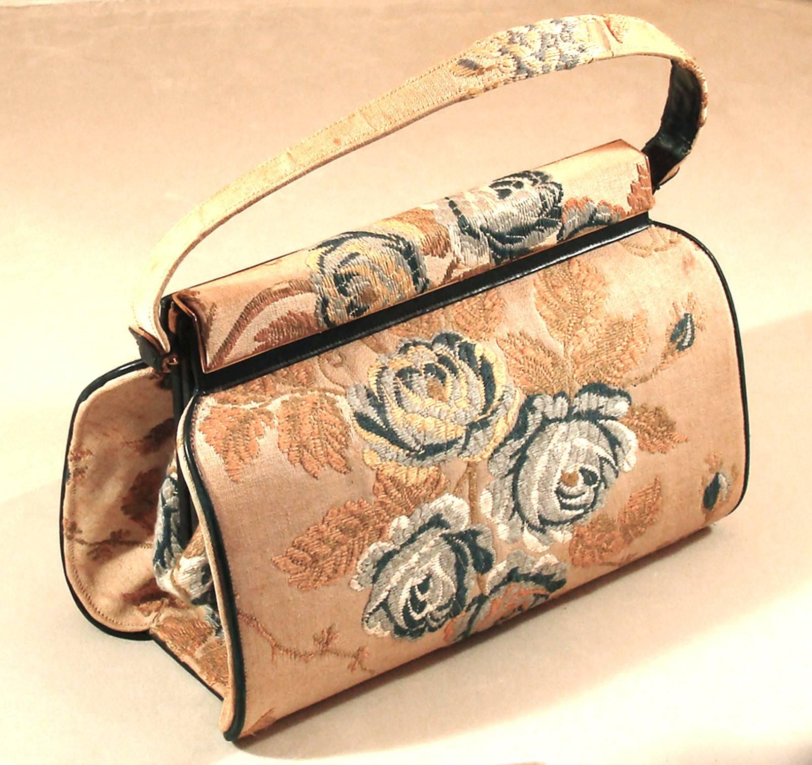 Rare Structured Purse in Floral, Embroidered Fabric by Nettie Rosenstein 1