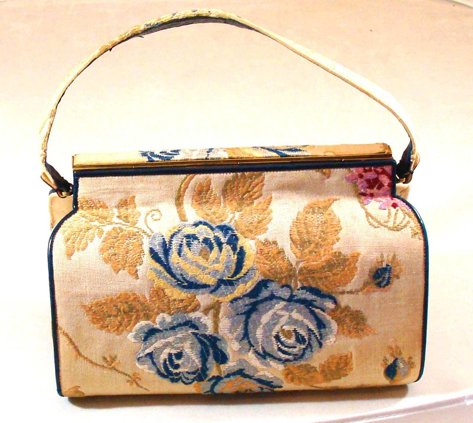 Rare Structured Purse in Floral, Embroidered Fabric by Nettie Rosenstein 2