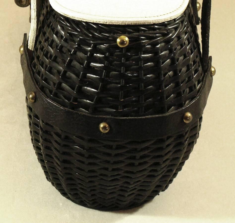 Black and White Woven Purse with Asymmetrical Leather Trim for Summer  In Good Condition In Lambertville, NJ