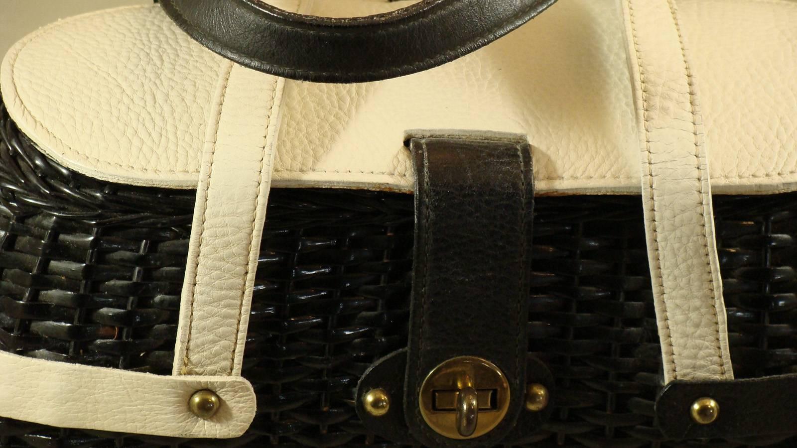 Women's or Men's Black and White Woven Purse with Asymmetrical Leather Trim for Summer 