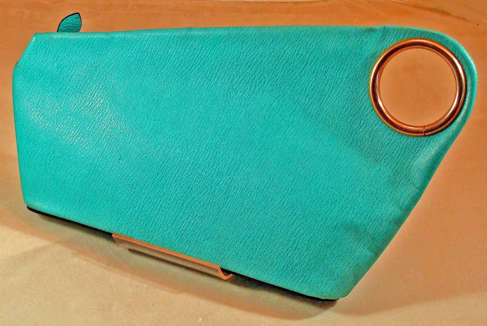Mod and Large Asymetrical Turquoise Pebble Grain Leather Clutch  Spring!   3