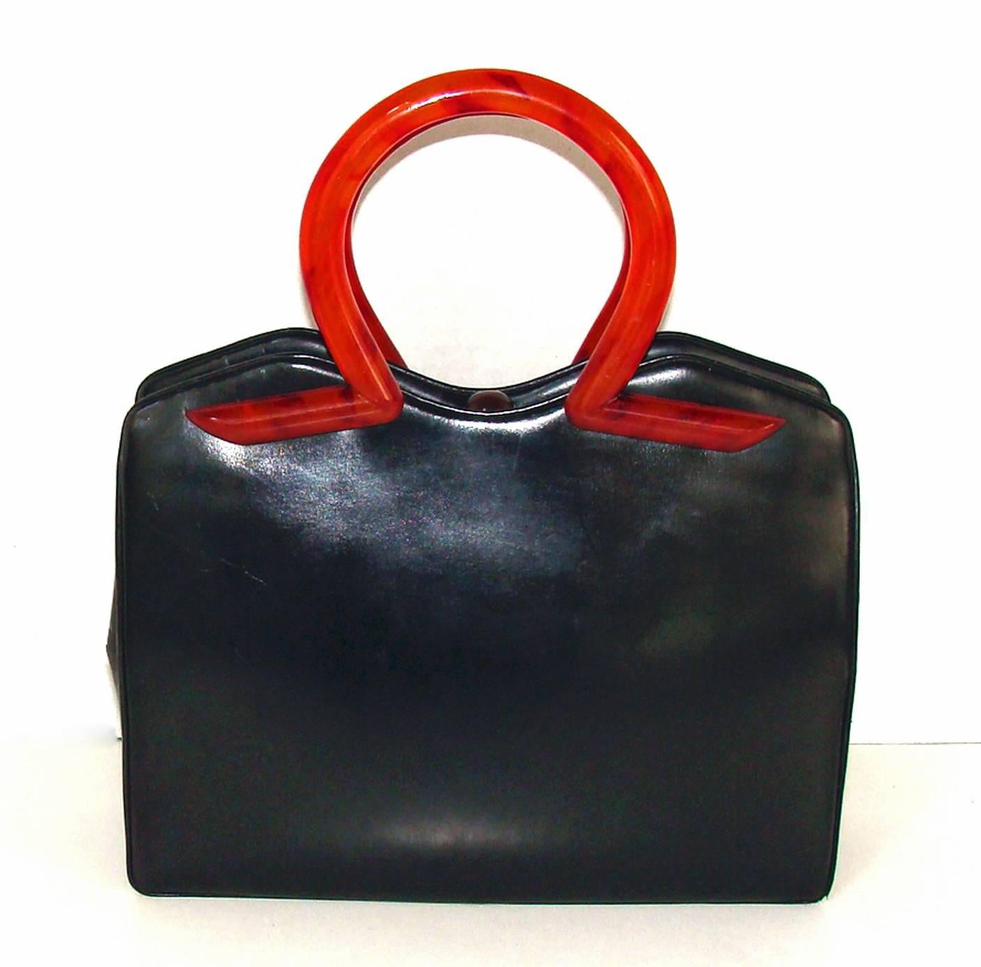 Black Sculptural Calfskin and Bakelite Architectural Purse