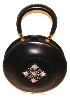 Rare Architectural Round Black Calf Purse w Beaded Inset by Berger Bags