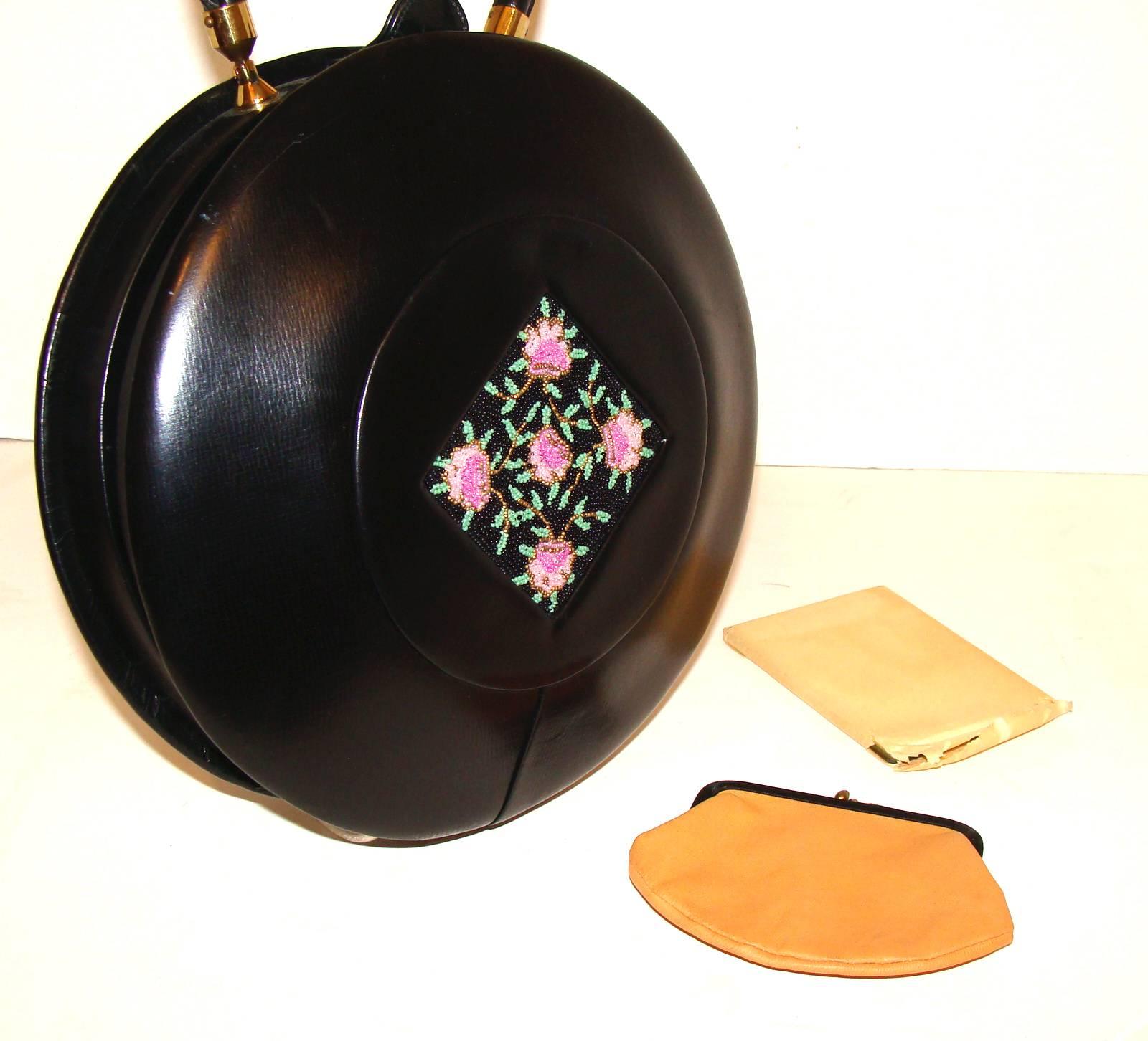 Women's or Men's Rare Architectural Round Black Calf Purse w Beaded Inset by Berger Bags