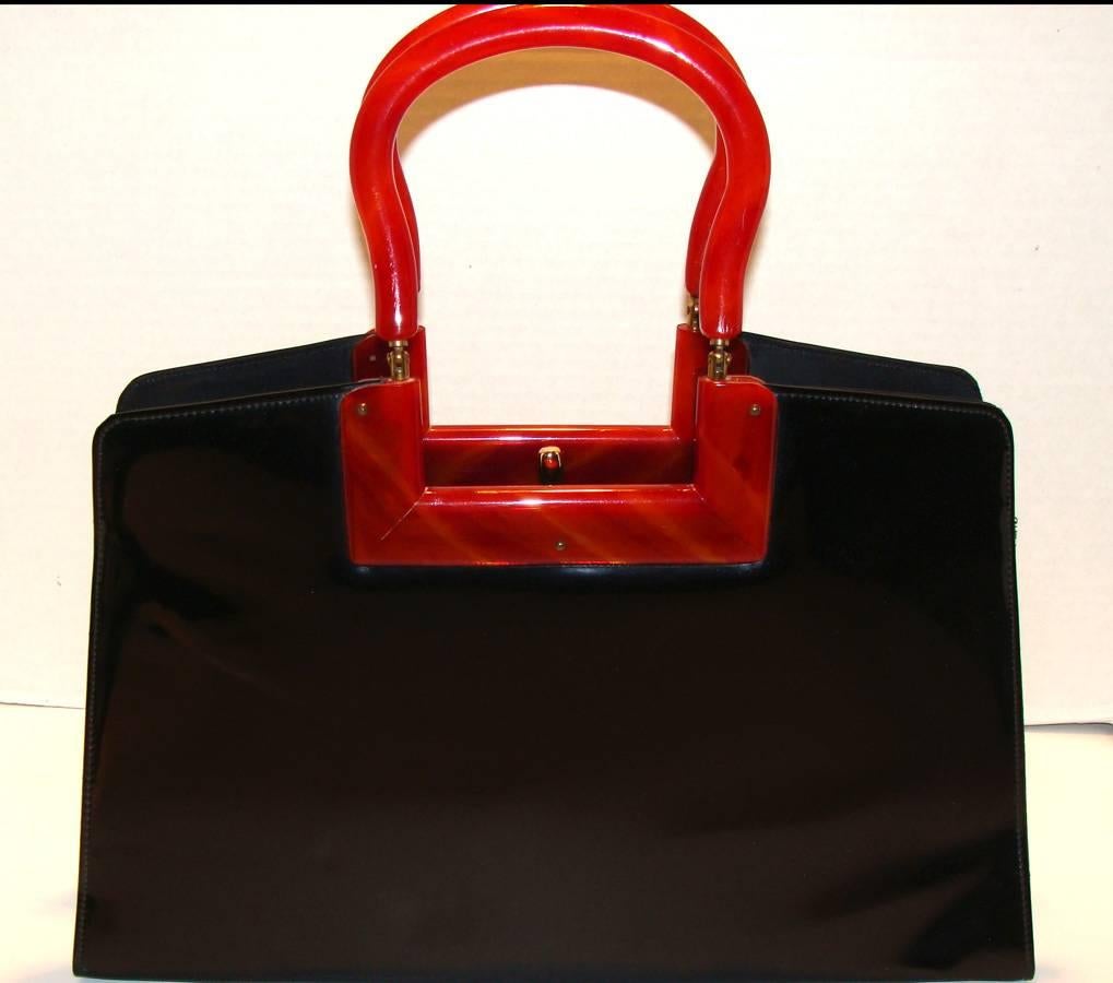 Architectural and Chic Black Patent Bag with Lucite Frame and Handles ...