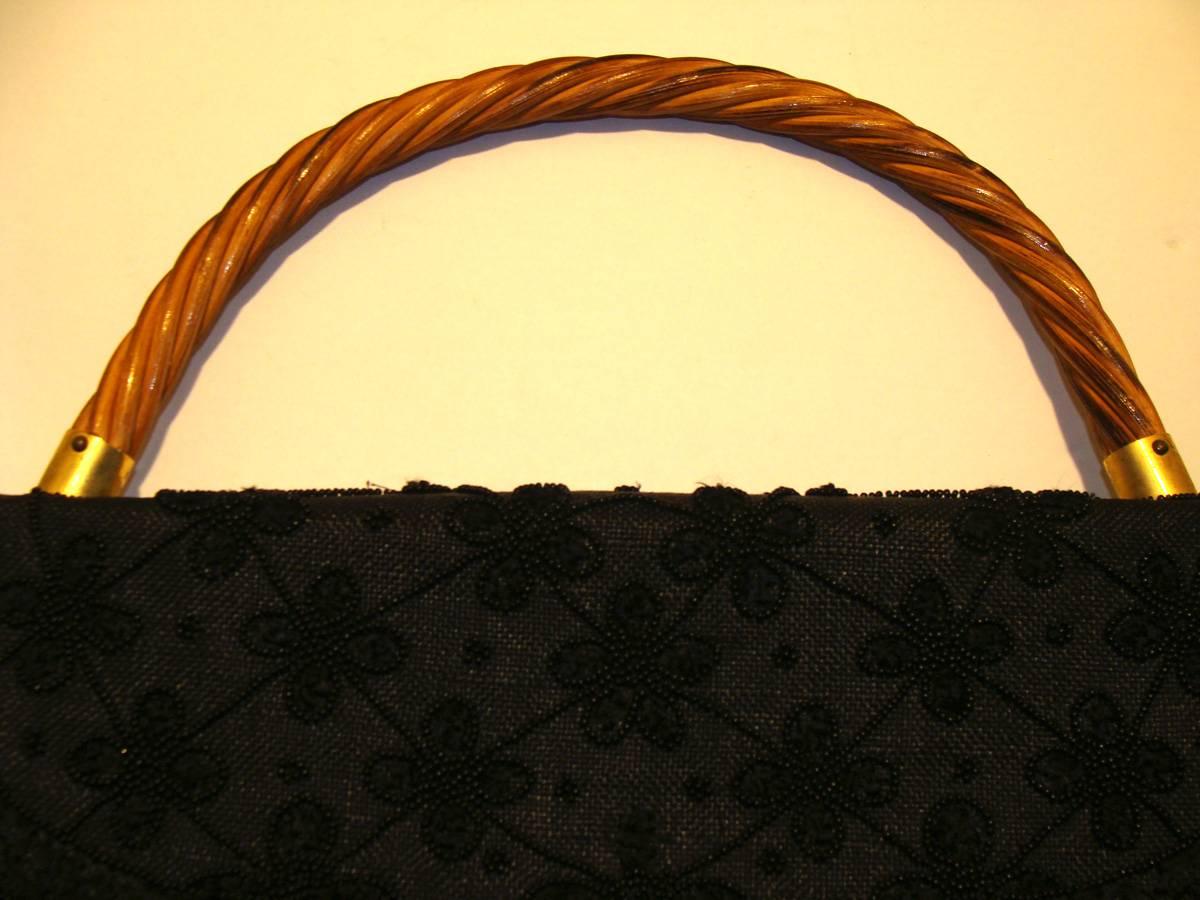 Black Large Linen Bag with Bamboo Handle, France 