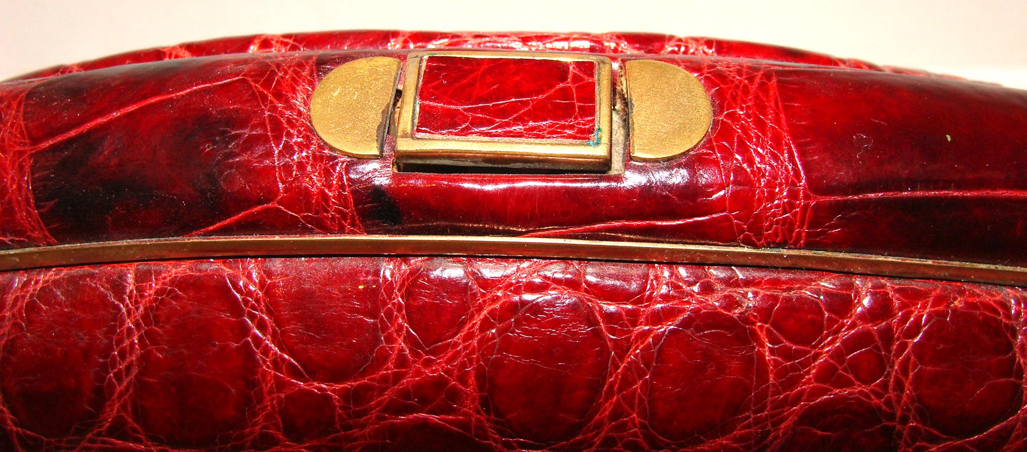Women's or Men's Architectural Deep Red Alligator Handbag Vintage FALL! For Sale