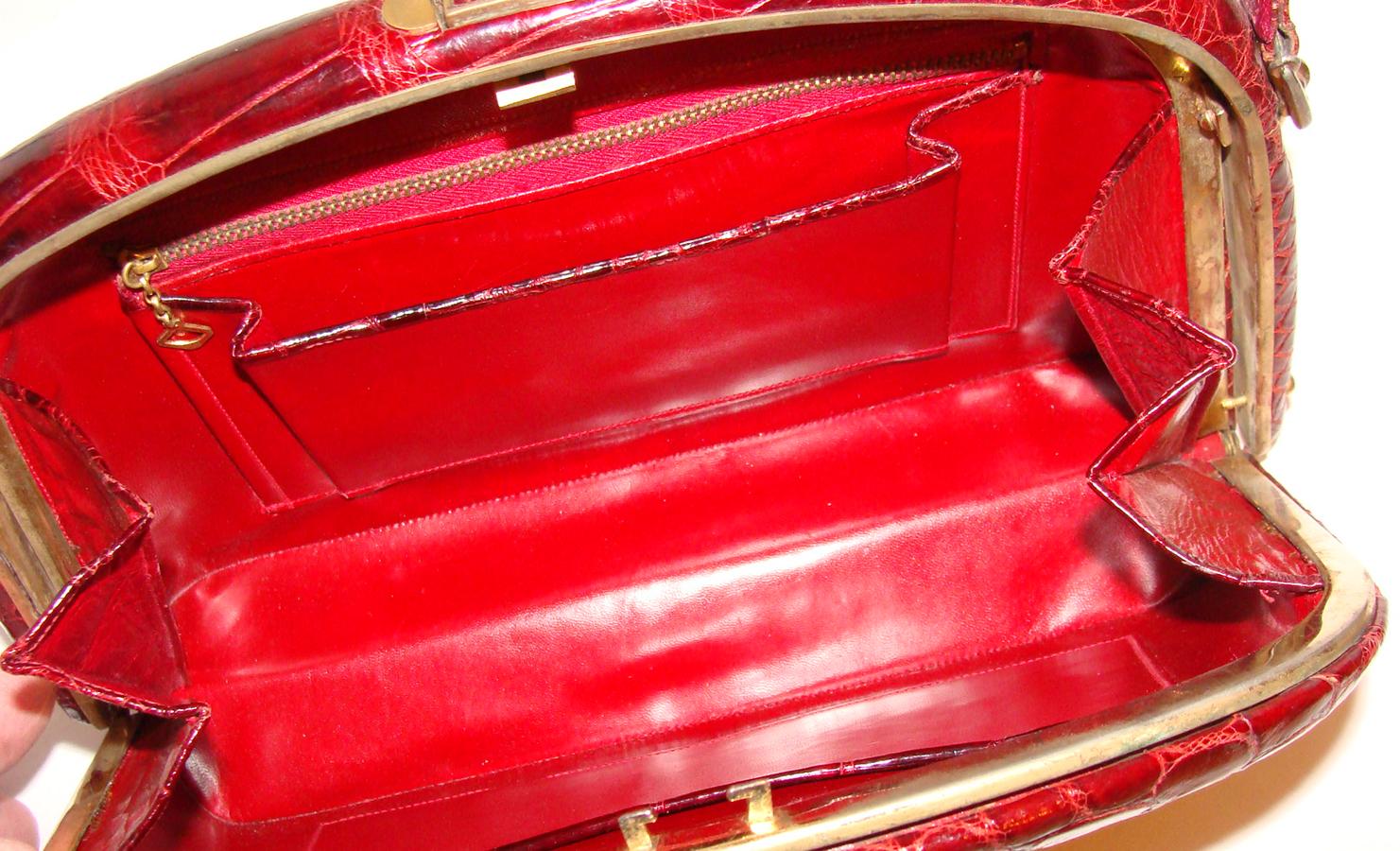 Architectural Deep Red Alligator Handbag Vintage FALL! For Sale 1
