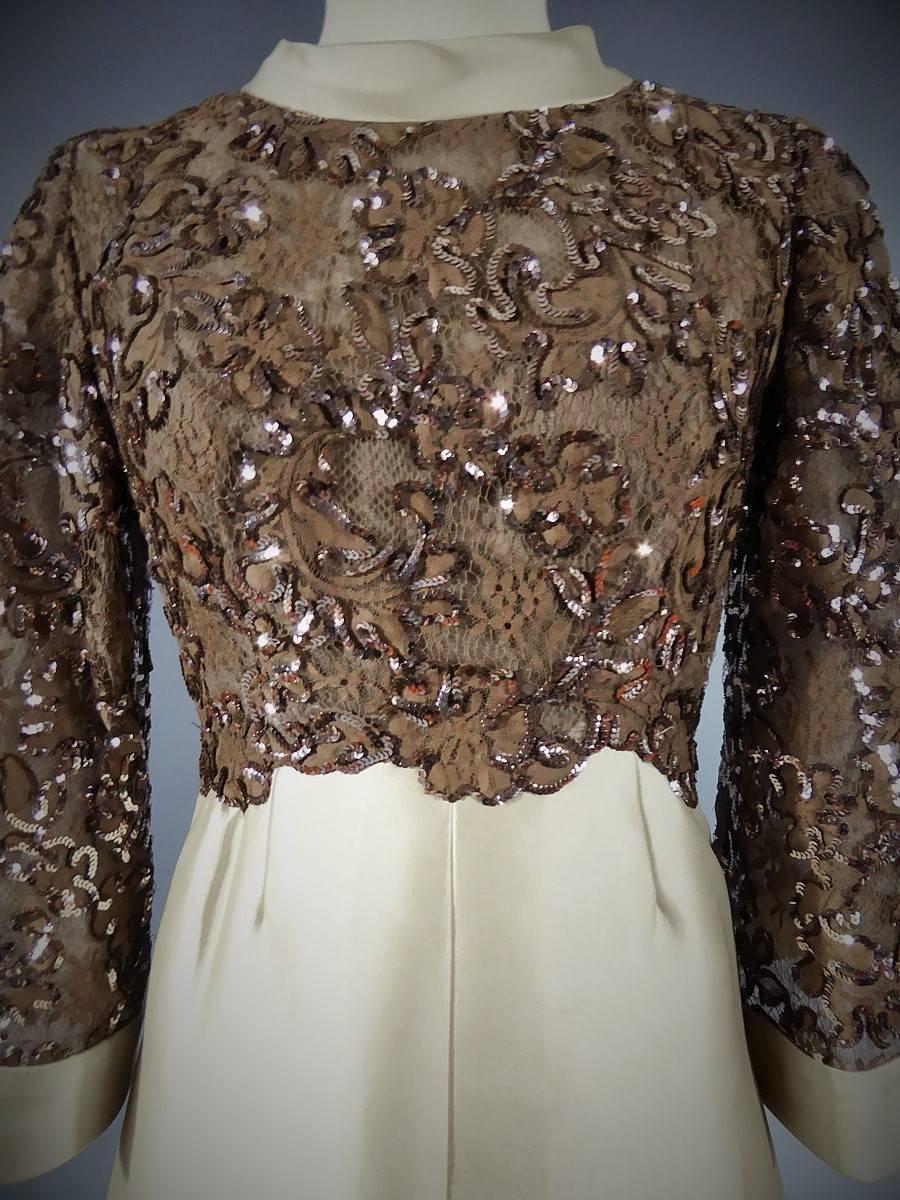 Beige Pierre Balmain Couture Evening Dress In Lace And Gazar Circa 1970