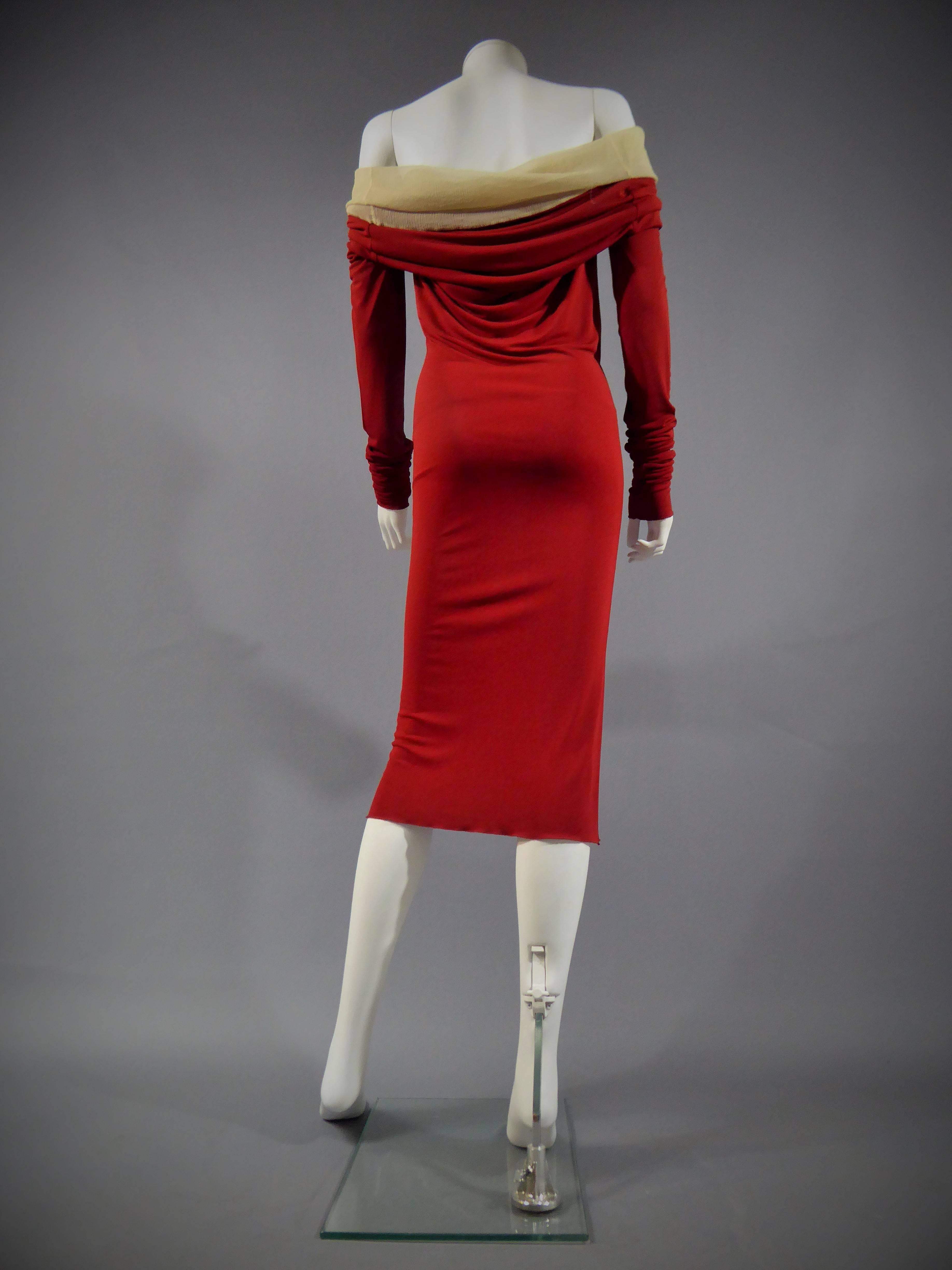 Jean Paul Gaultier Long Red Jersey Knit and Chiffon Dress, French Circa 1990 In Good Condition For Sale In Toulon, FR