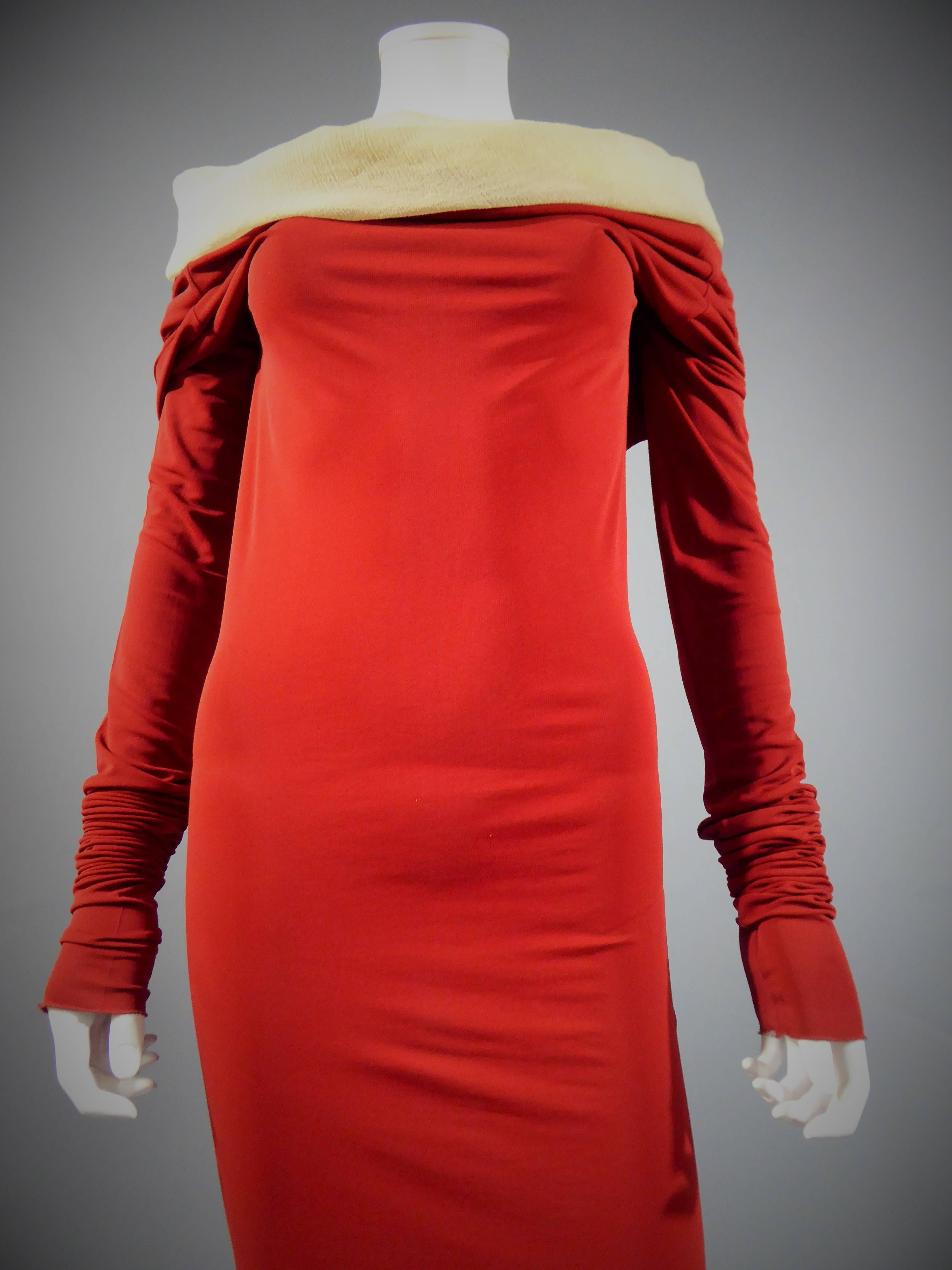 Women's Jean Paul Gaultier Long Red Jersey Knit and Chiffon Dress, French Circa 1990 For Sale