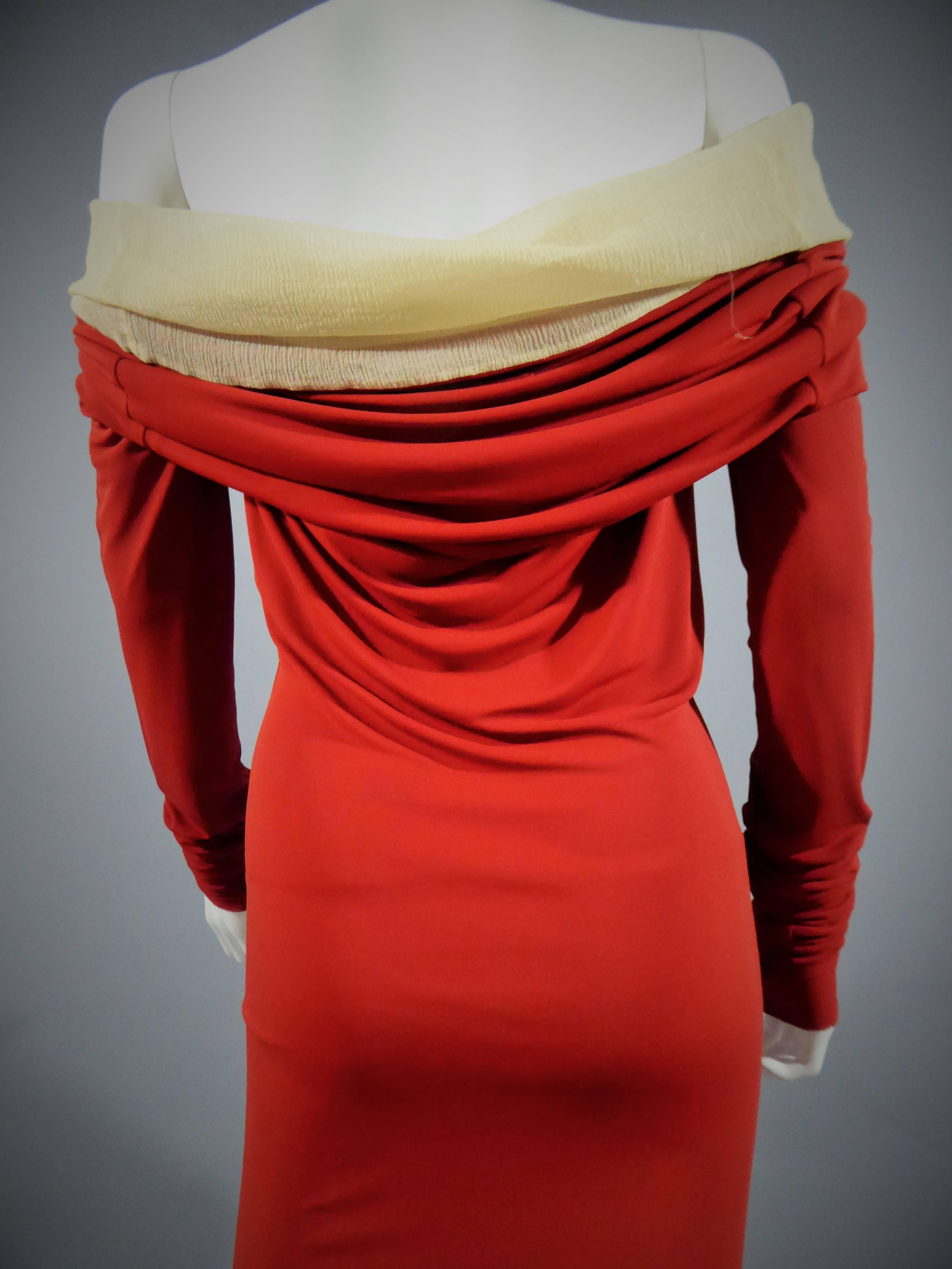 Jean Paul Gaultier Long Red Jersey Knit and Chiffon Dress, French Circa 1990 For Sale 1
