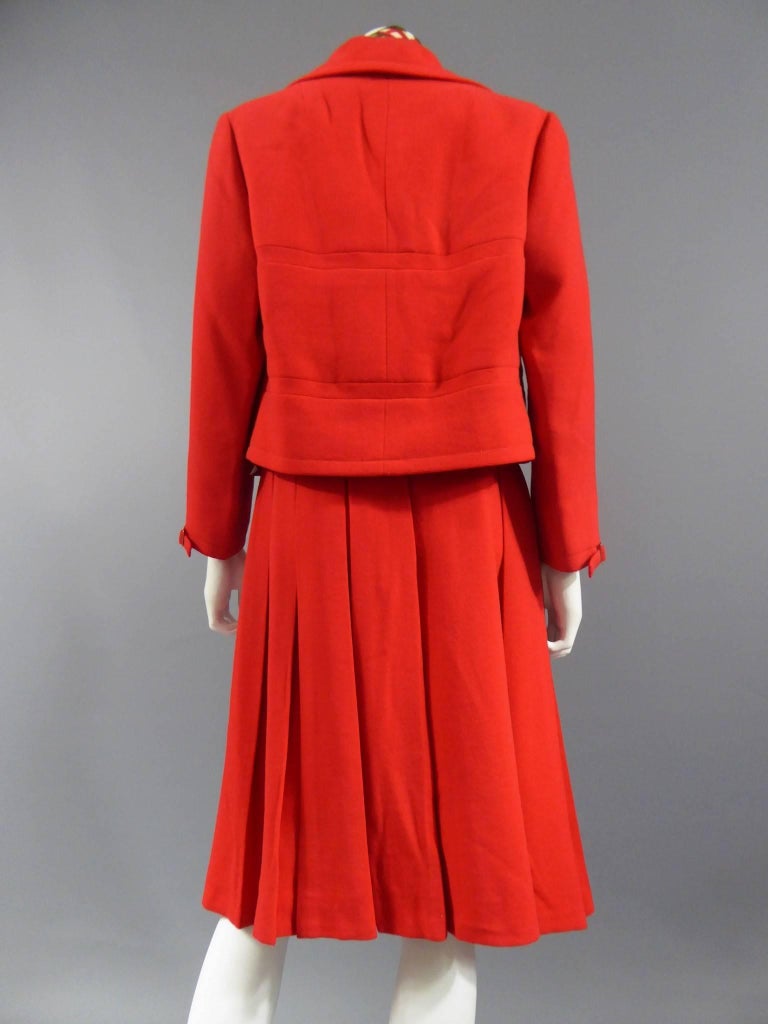 Red Pierre Balmain red Silk jacket and pleated skirt suit Ensemble, Circa 1950 For Sale