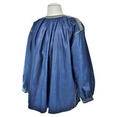 Antique French Blaude or Peasant Blouse In Glazed Linen Dyed Indigo -French 19th Century