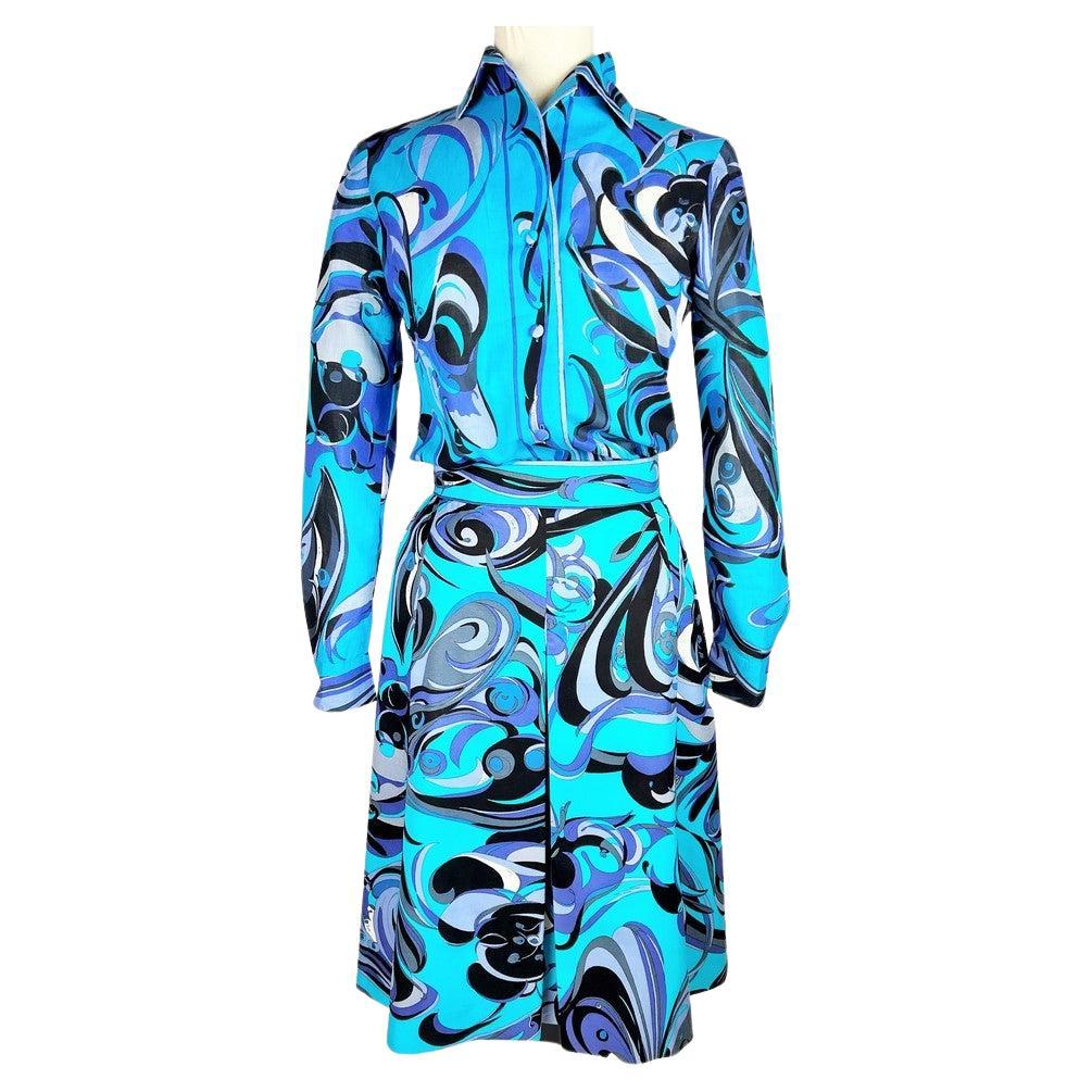 Printed cotton blouse and skirt set by Emilio Pucci - Circa 1970-1980 For Sale