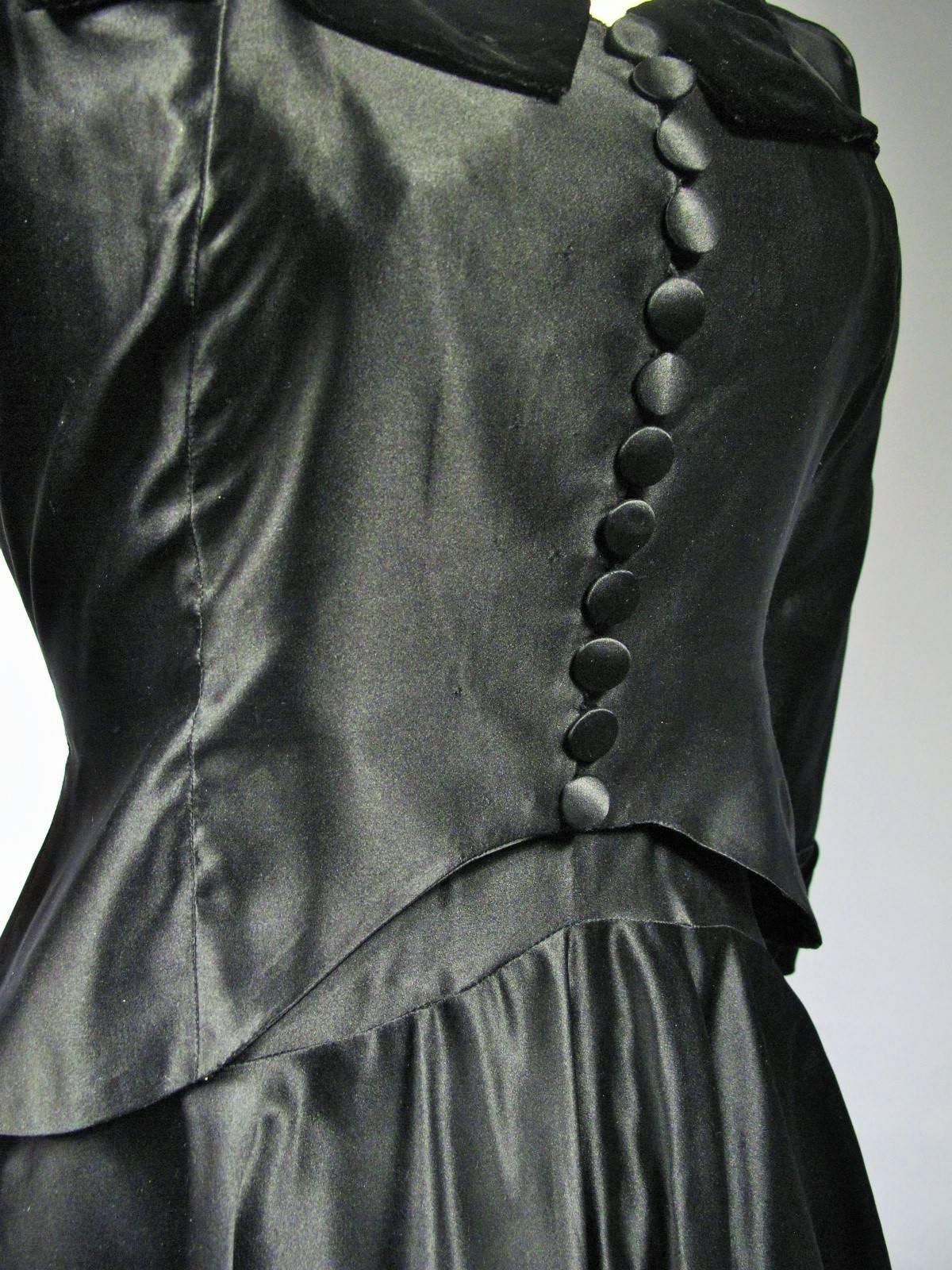 Maggy Rouff - Robe de soirée haute couture en satin noir et velours, circa 1935 en vente 1