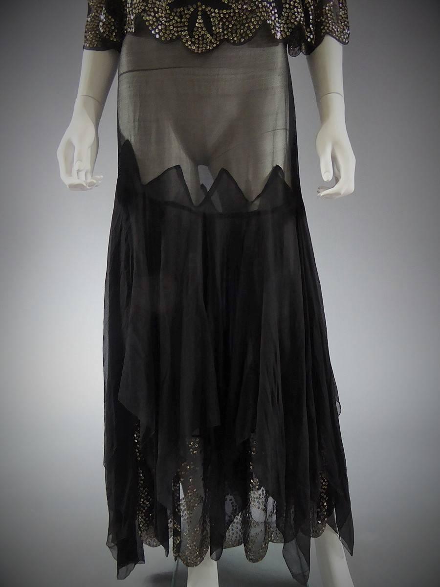 Women's Black Silk Gauze Dress With Embroidered Silver Sequins, Circa 1935