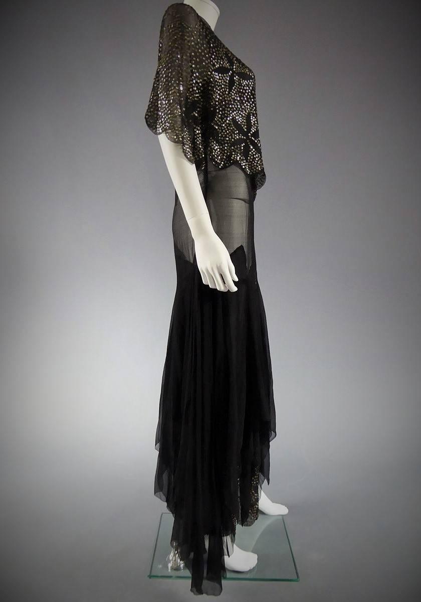 Black Silk Gauze Dress With Embroidered Silver Sequins, Circa 1935 3