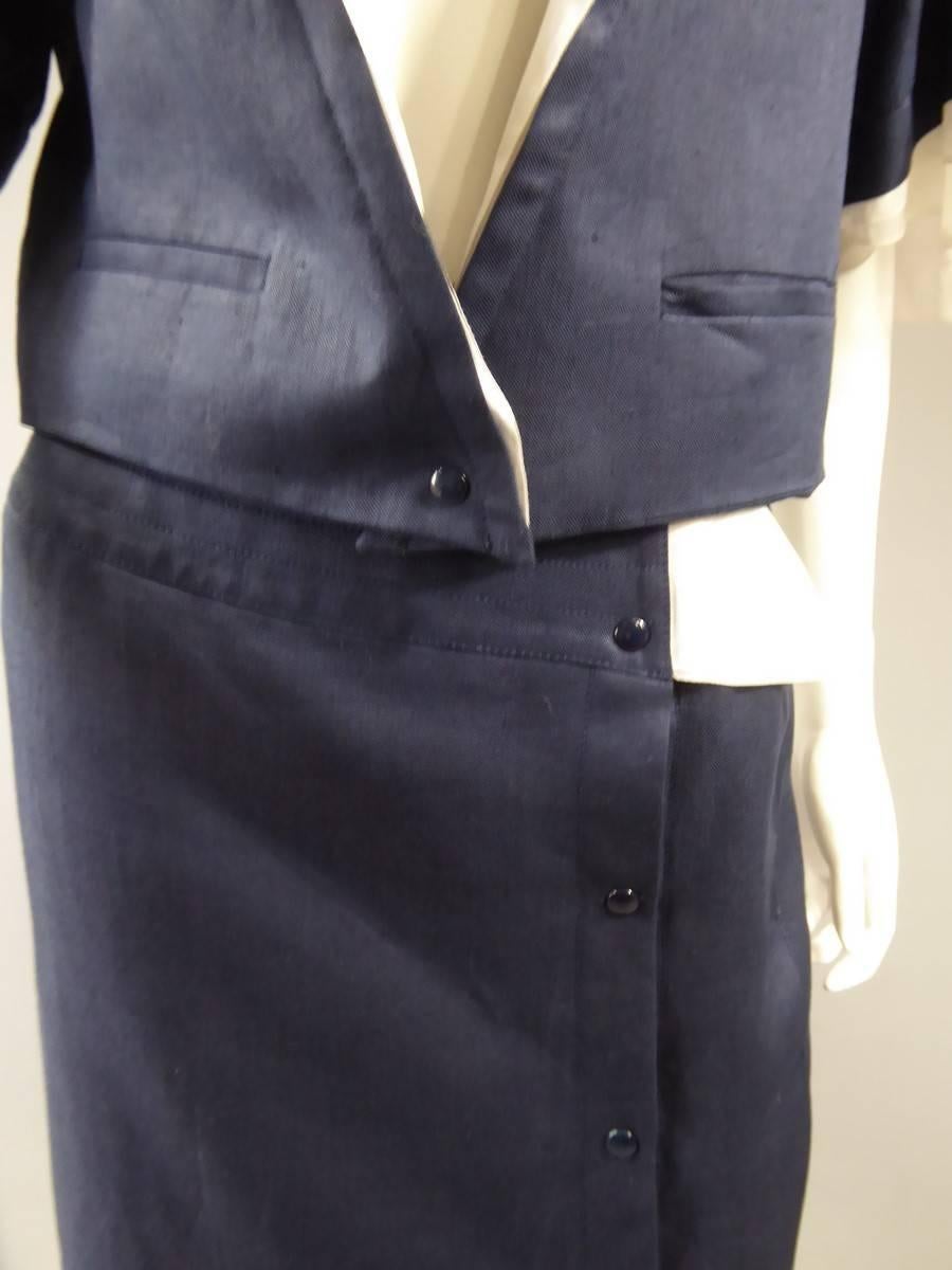 A Navy & White Organza Skirt Suit by Claude Montana - French Circa 1980 In Good Condition For Sale In Toulon, FR