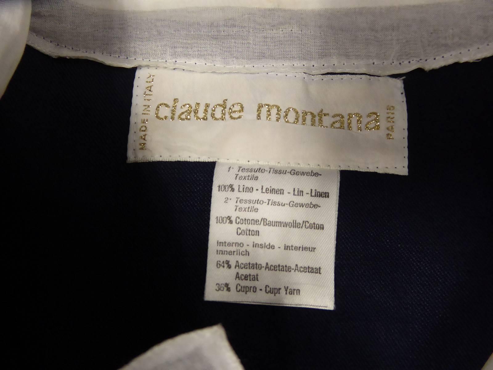 Un tailleur jupe en organza marine et blanc par Claude Montana - Français Circa 1980 en vente 2