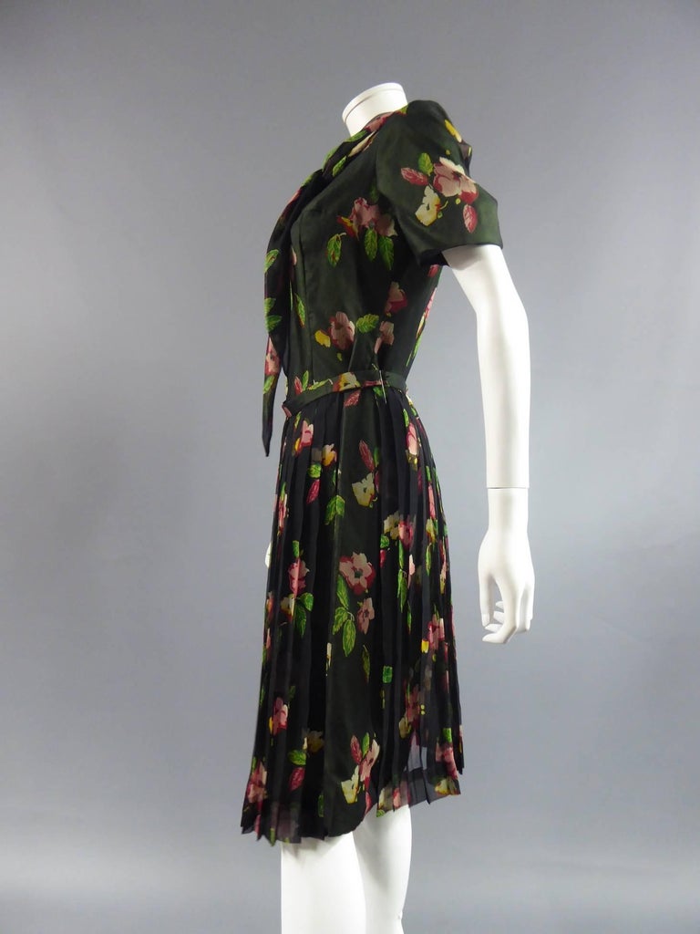 Women's A French Flowered Printed Chiffon Dress With Removable Skirt, circa 1950-1960 For Sale
