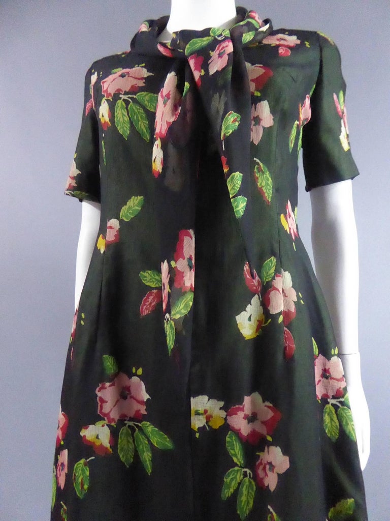A French Flowered Printed Chiffon Dress With Removable Skirt, circa 1950-1960 For Sale 5