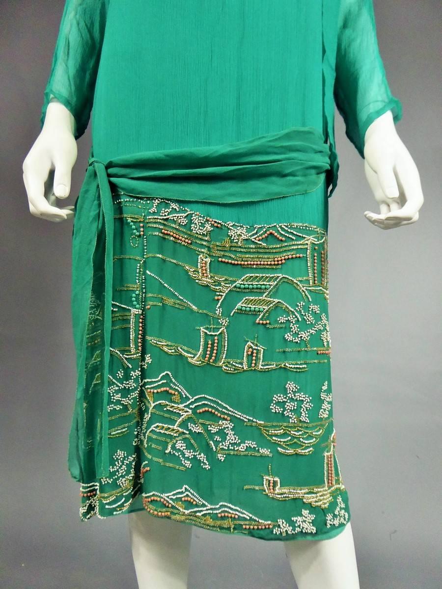 Blue An Art Deco embroidered silk crepe Couture French Dress Circa 1925 For Sale