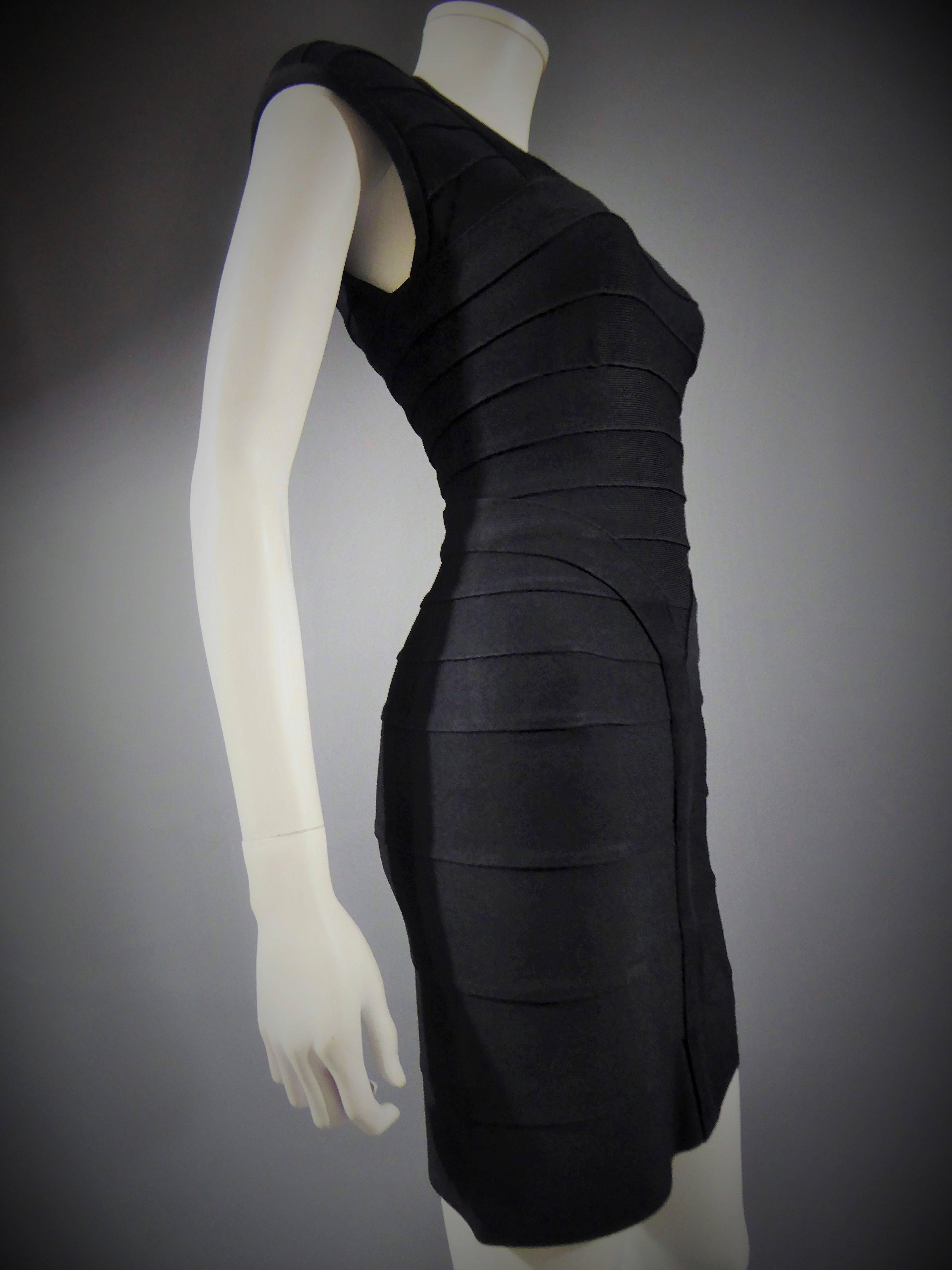 Black A French Hervé Léger Couture stretch Little black Dress Circa 1995 For Sale