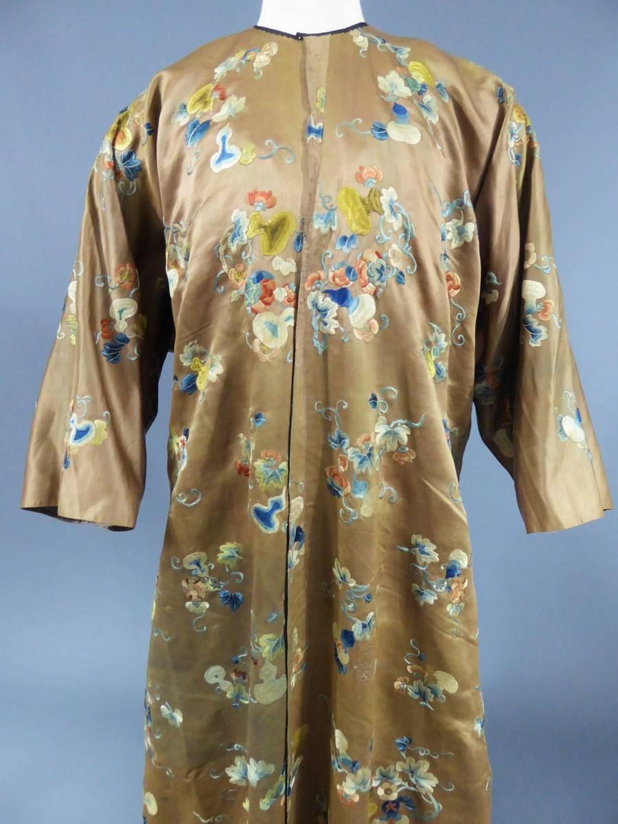 Brown Chinese Embroidered Satin Banyan or Dressing gown 18th century