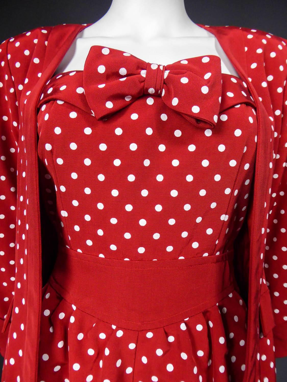 Red A Nina Ricci Dress and Jacket Silk Polka Dot Set - Circa 1980 For Sale