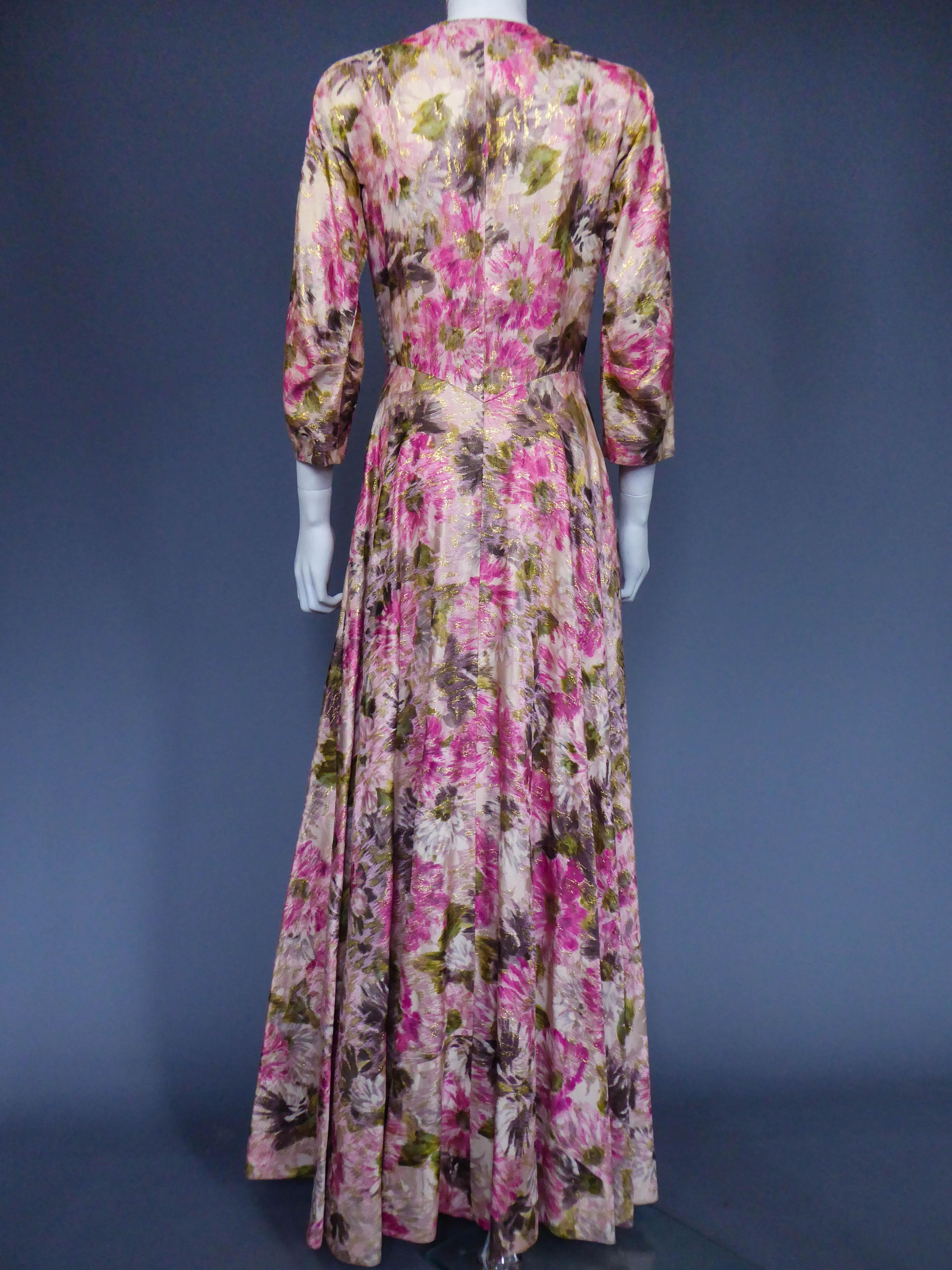 Brown An Elizabeth Arden Gold Lamé and flowered Evening Dress, Circa 1940-1950 For Sale