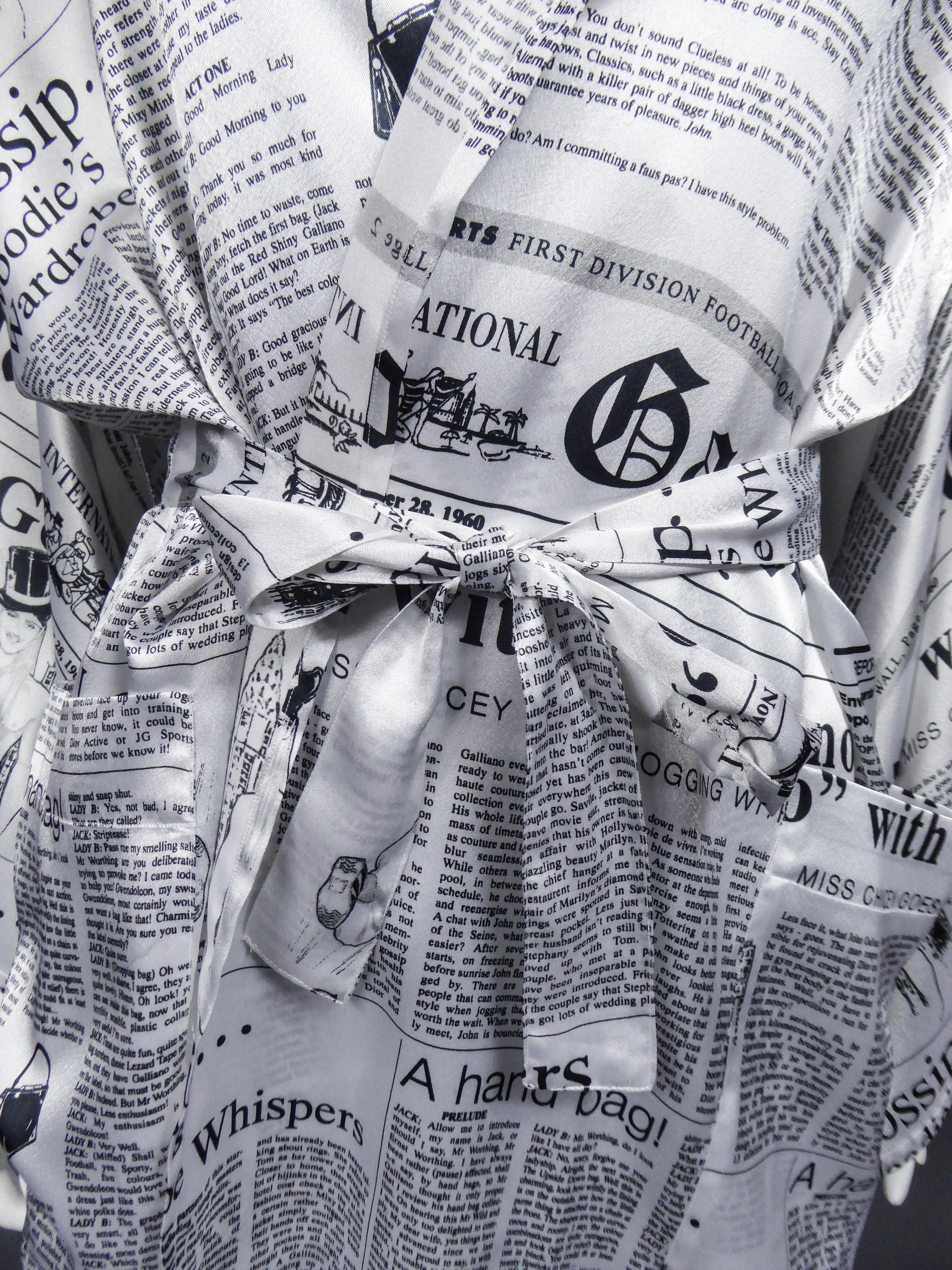 Gray John Galliano Kimono Newspapers Printed Satin Dress Circa 2000