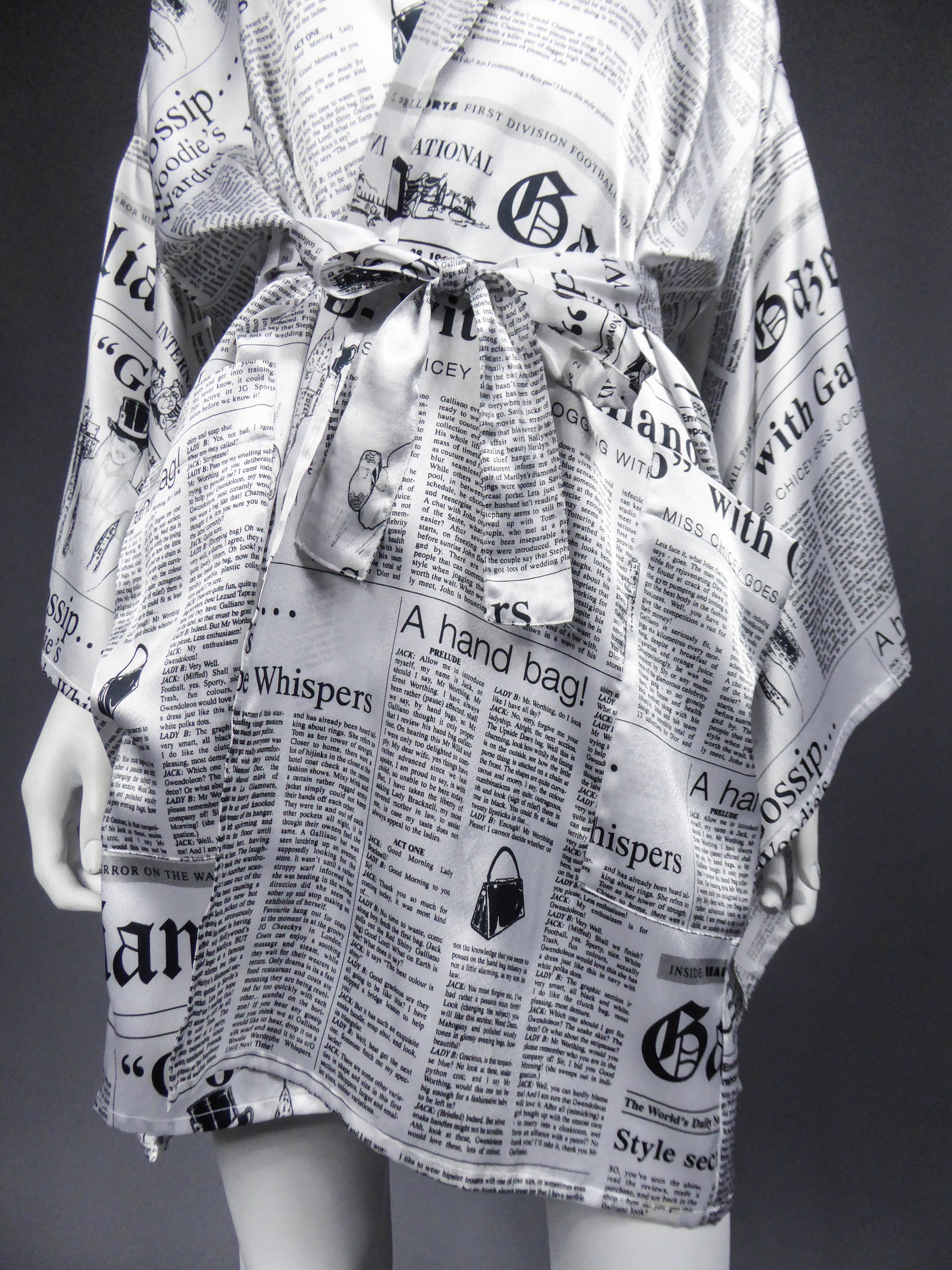 John Galliano Kimono Newspapers Printed Satin Dress Circa 2000 In Excellent Condition In Toulon, FR