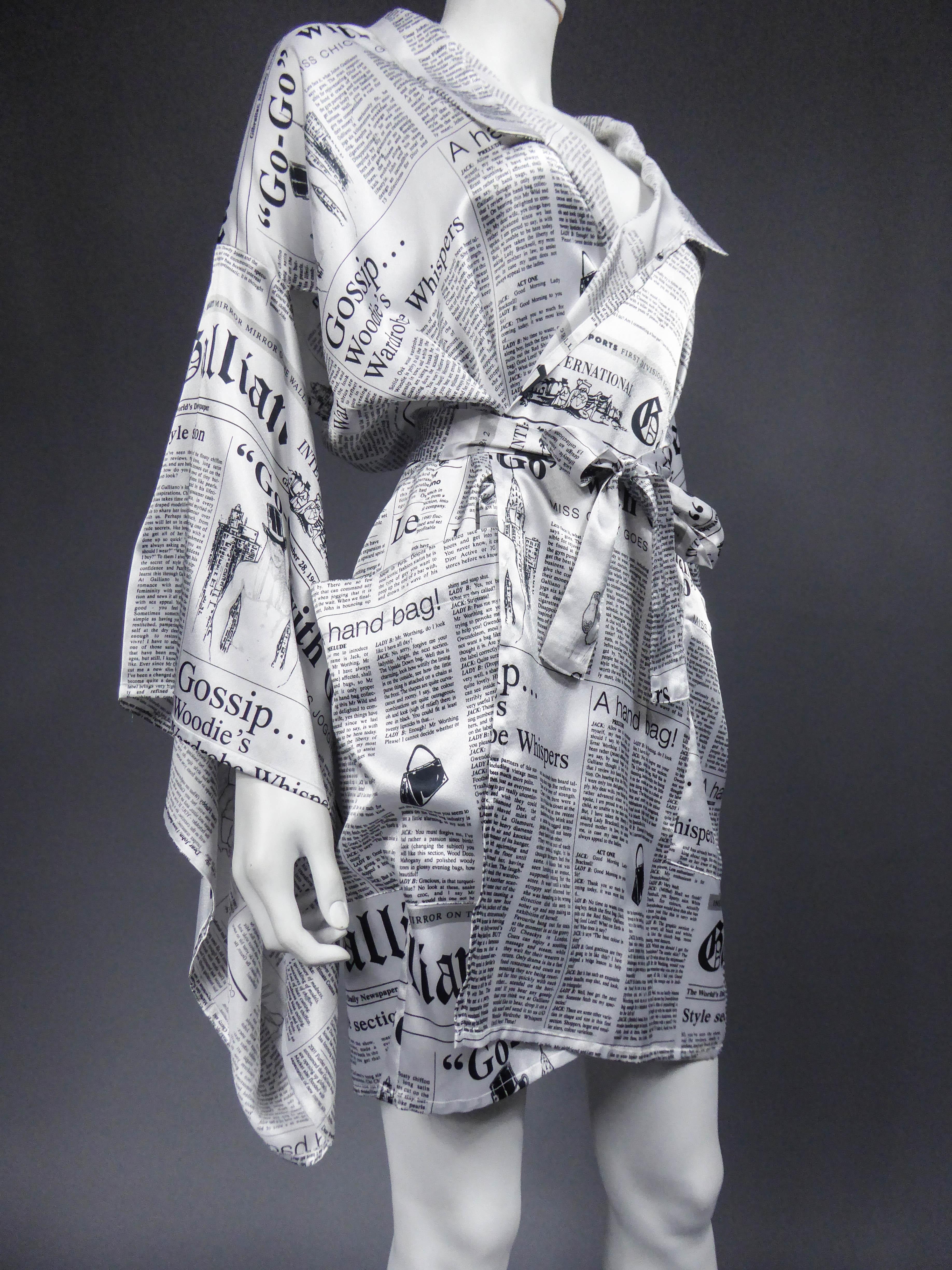 Women's or Men's John Galliano Kimono Newspapers Printed Satin Dress Circa 2000