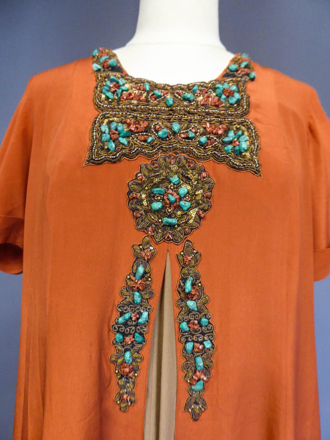 Orange Art Deco Orientalist Jewel Silk Dress with turquoises beaded Circa 1960