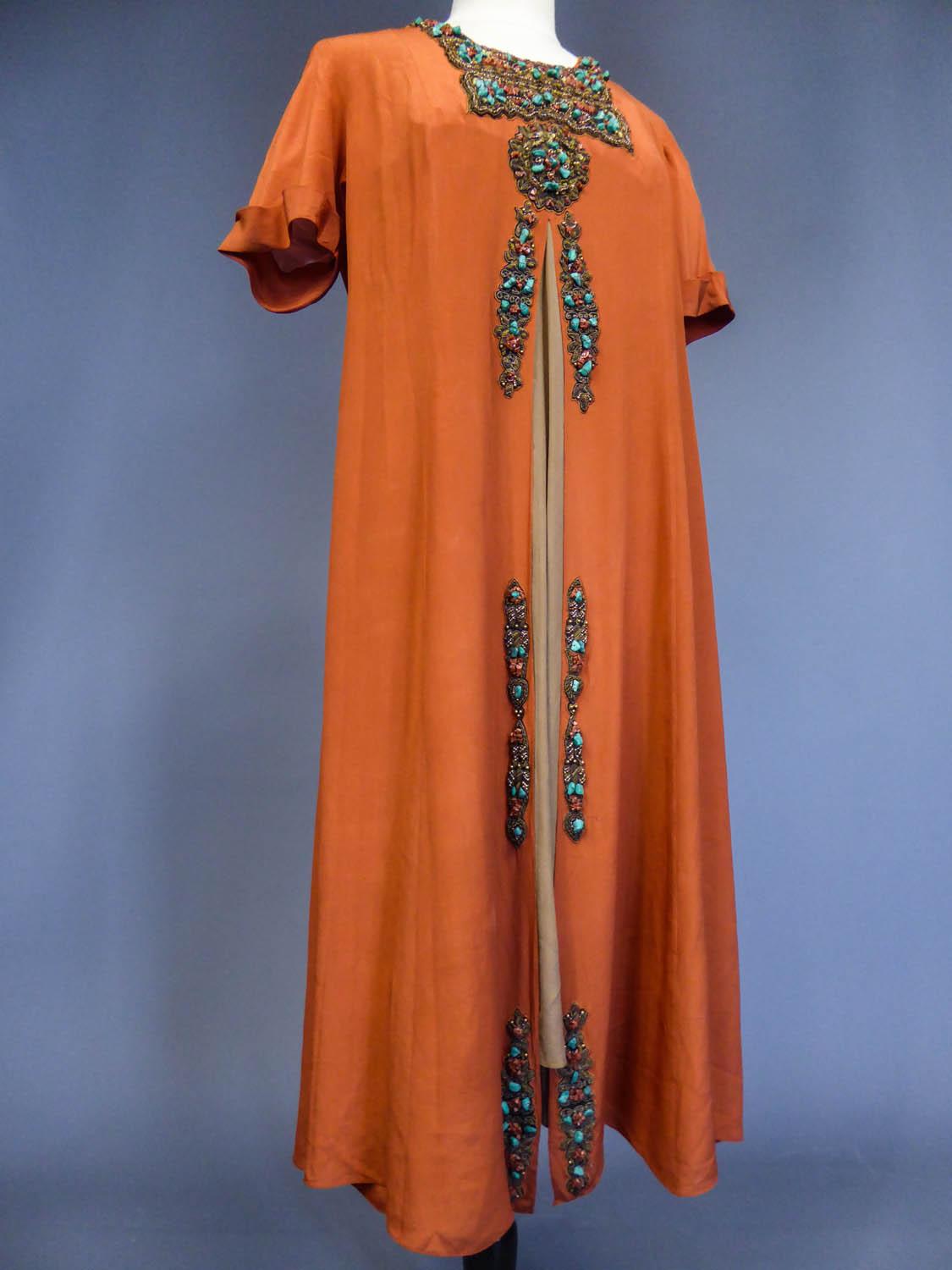 Women's Art Deco Orientalist Jewel Silk Dress with turquoises beaded Circa 1960