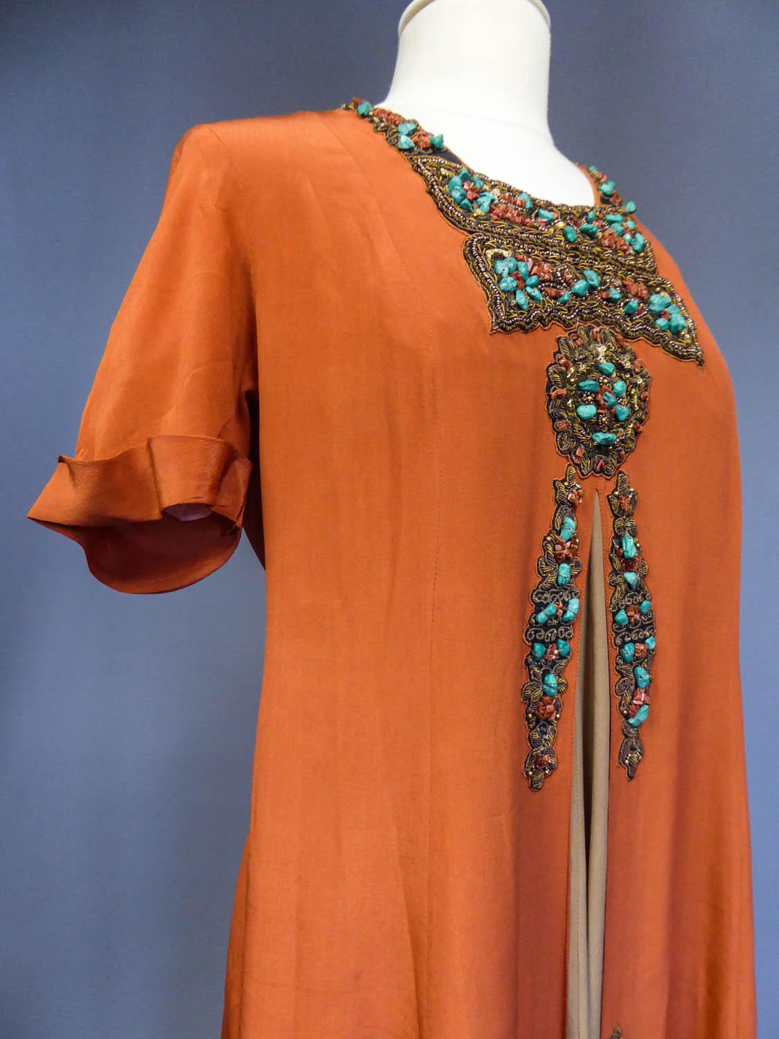 Art Deco Orientalist Jewel Silk Dress with turquoises beaded Circa 1960 1