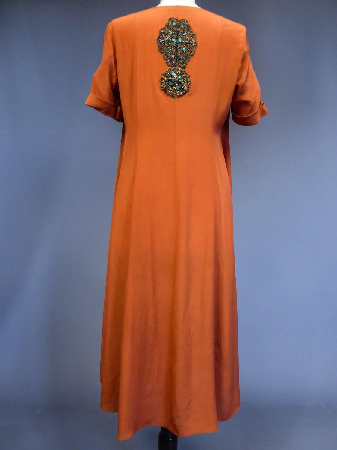 Art Deco Orientalist Jewel Silk Dress with turquoises beaded Circa 1960 3