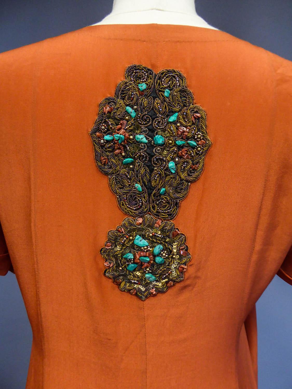 Art Deco Orientalist Jewel Silk Dress with turquoises beaded Circa 1960 4