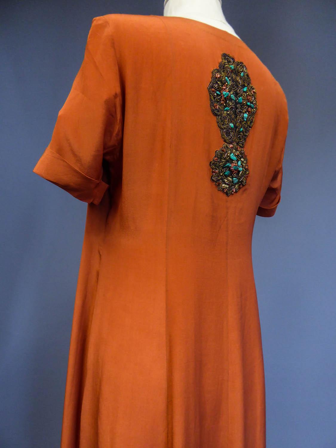 Art Deco Orientalist Jewel Silk Dress with turquoises beaded Circa 1960 5