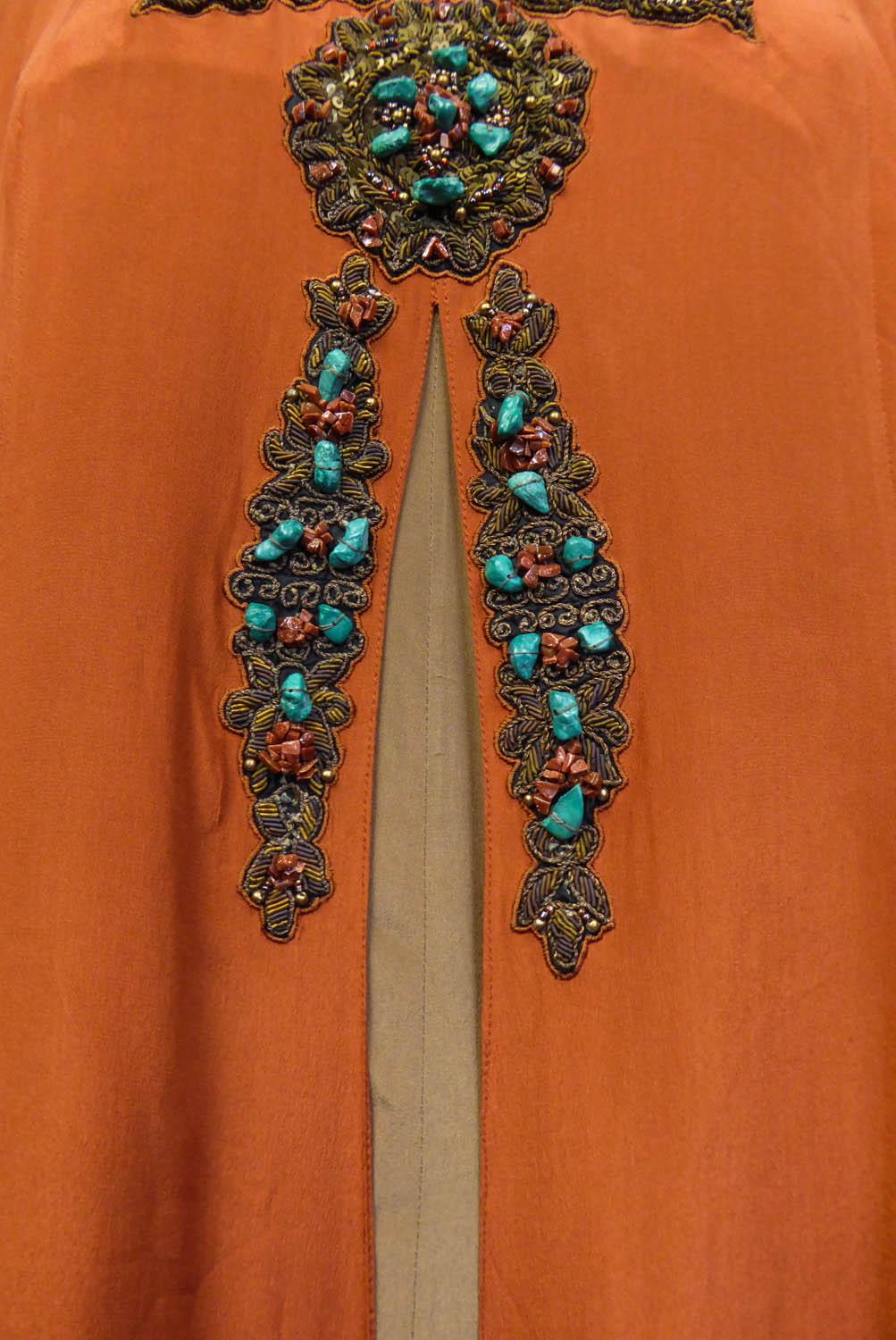 Art Deco Orientalist Jewel Silk Dress with turquoises beaded Circa 1960 6