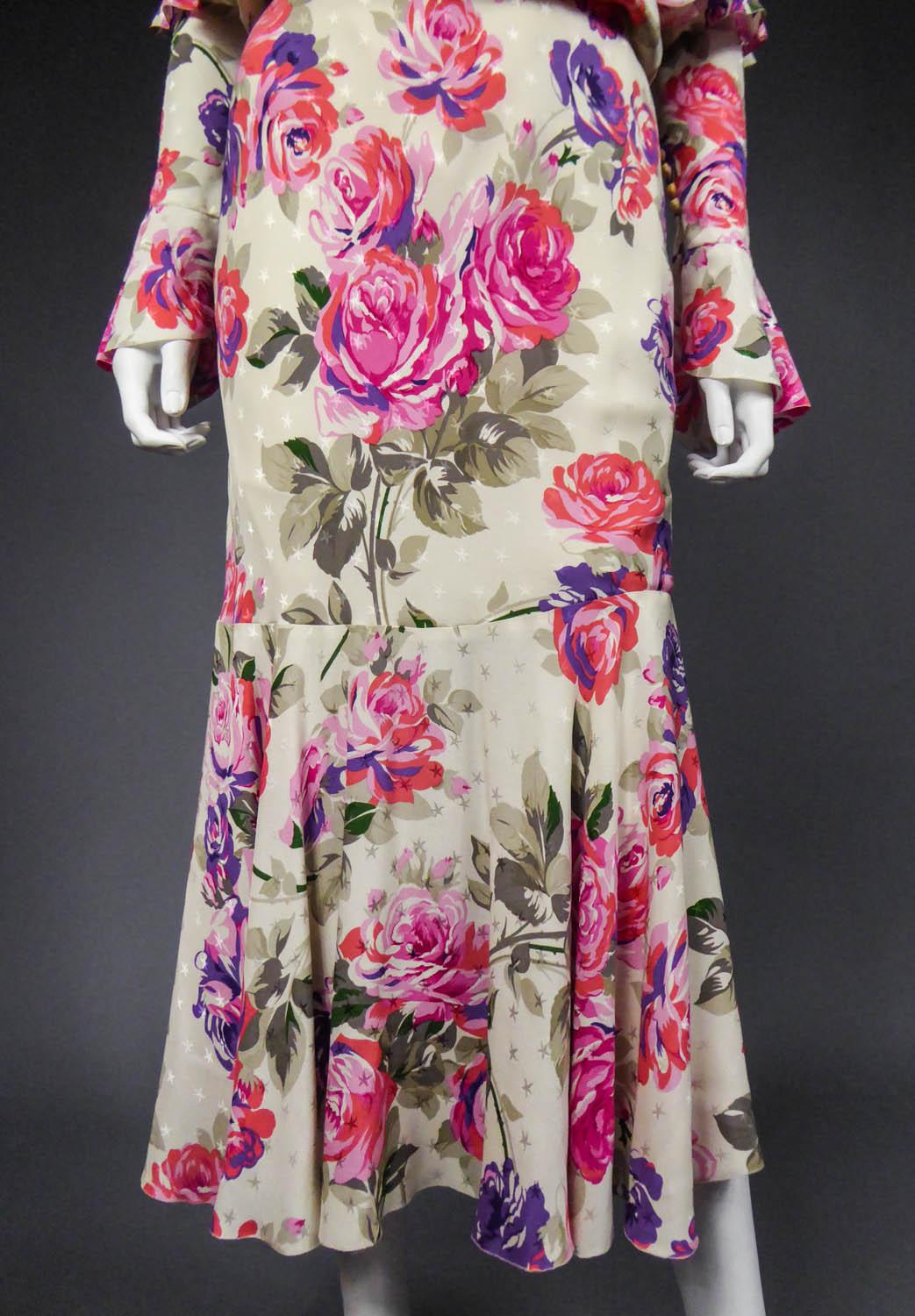 Women's A Jeanne Lanvin Couture Printed Silk Dress with Matched Cuffs, Circa 1985  For Sale