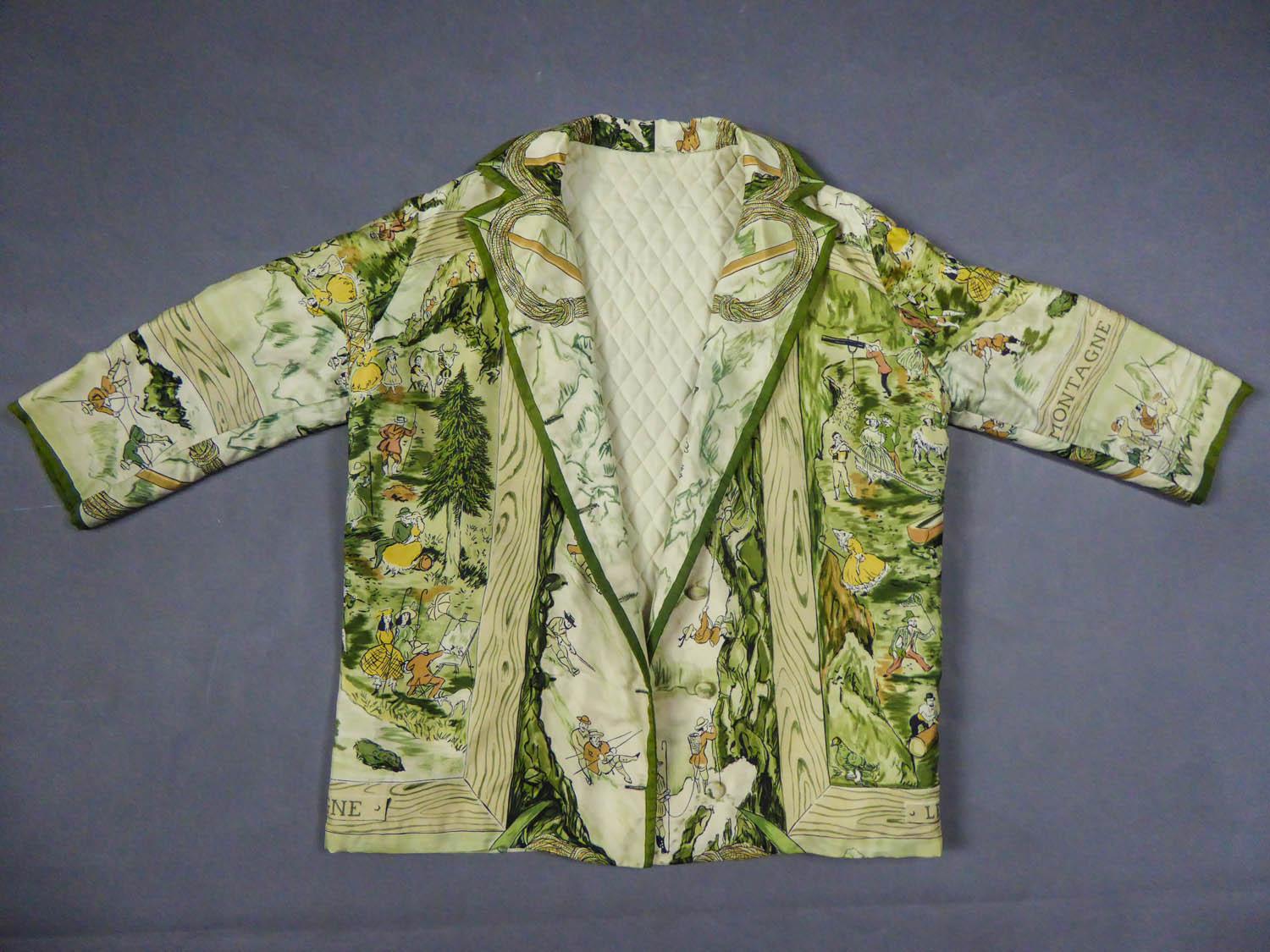 Circa 1955
France

Hermès jacket in quilted silk twill in pastel colors black, golden yellow, moss green and ivory and dating from 1955. This jacket is a variation of a scarf of the same name entitled 
