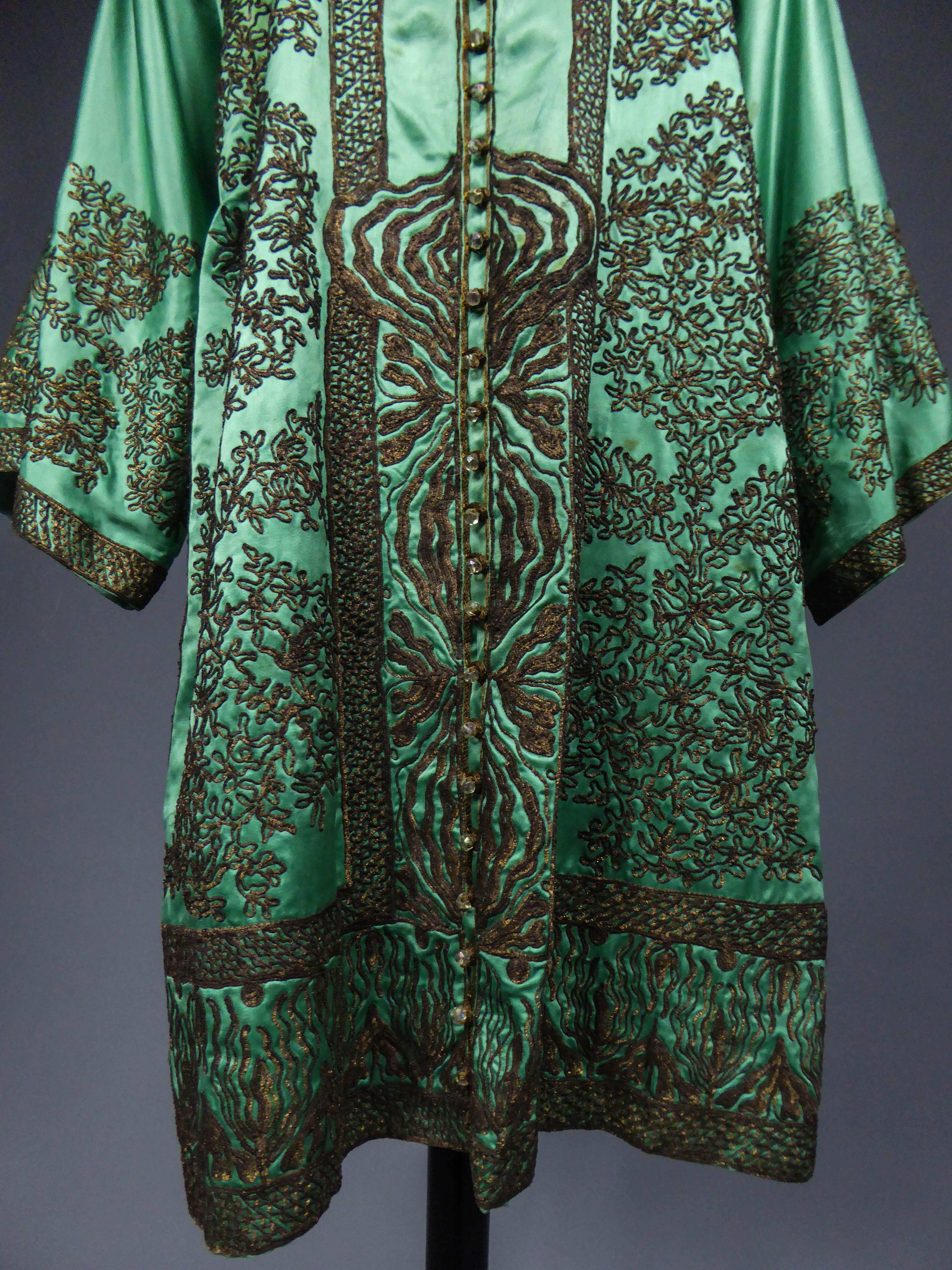 Black Babani Couture Kaftan or Party Kimono in green satin with appliqué, circa 1915